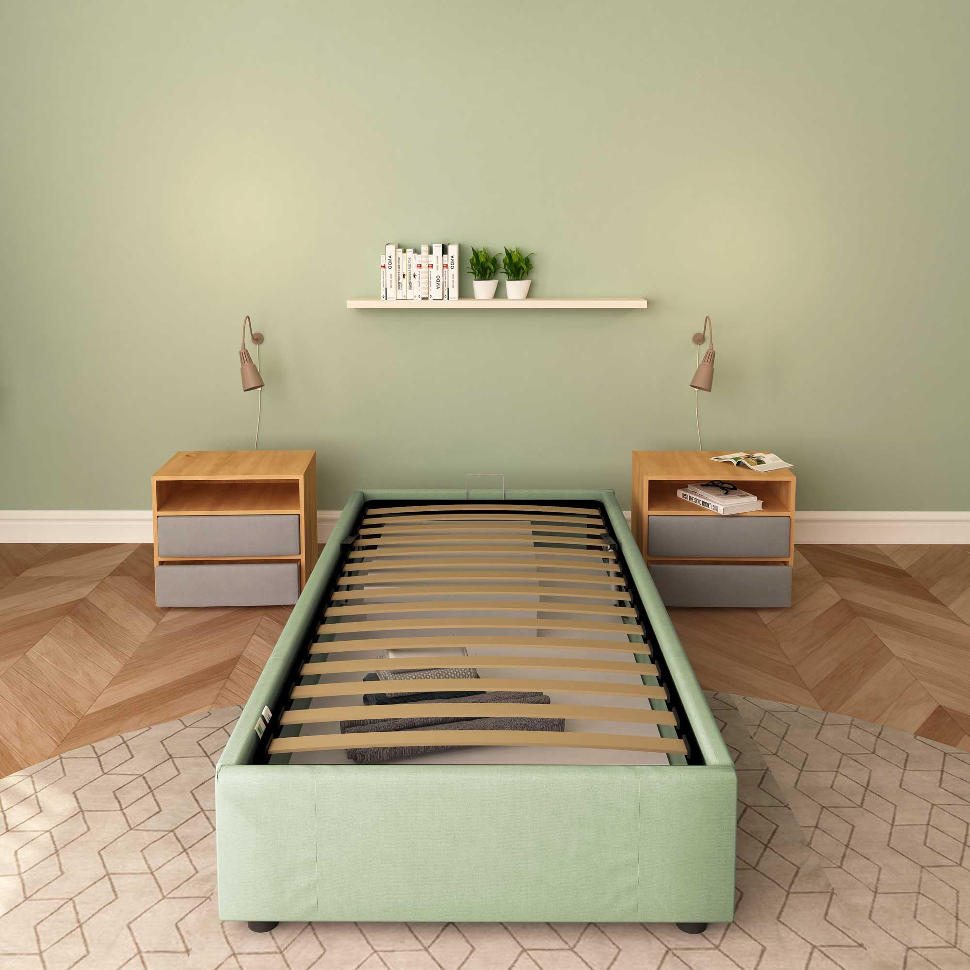 Baldiflex Cloe Square and Half Bed with Fabric Storage Container, No Headboard, Slatted Base for Mattresses, 100 x 200 cm, Mint Green - Perfect for Small Bedrooms, Guest Rooms & Studio Apartments