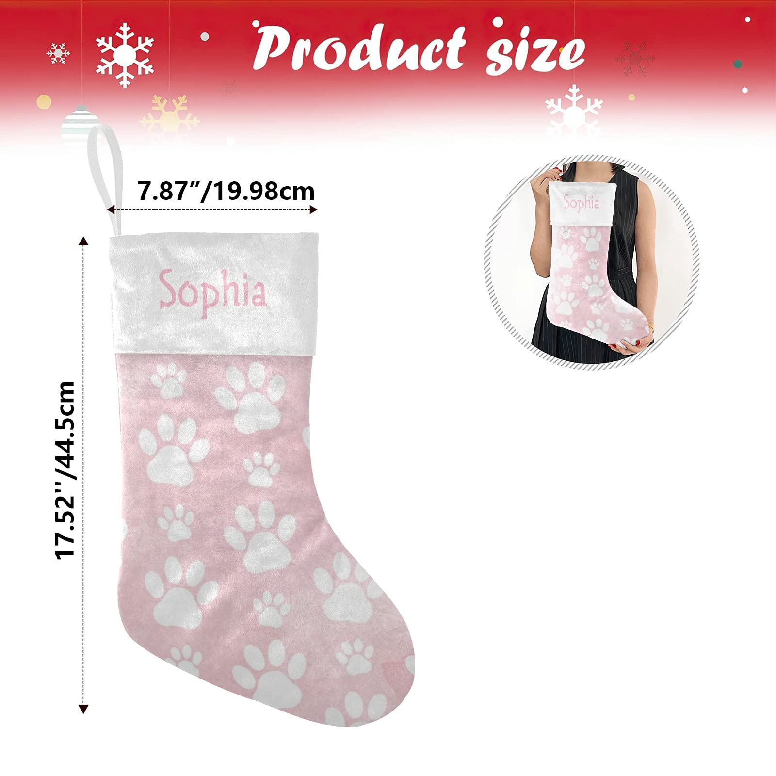 Personalized Pink Dog Paws Christmas Stockings with Name - 17.52 x 7.87 Inch Holiday Decor for Family, Pets & Festive Home Decor - Perfect for Xmas Gifts, Fireplace Mantel & Cozy Winter Celebrations