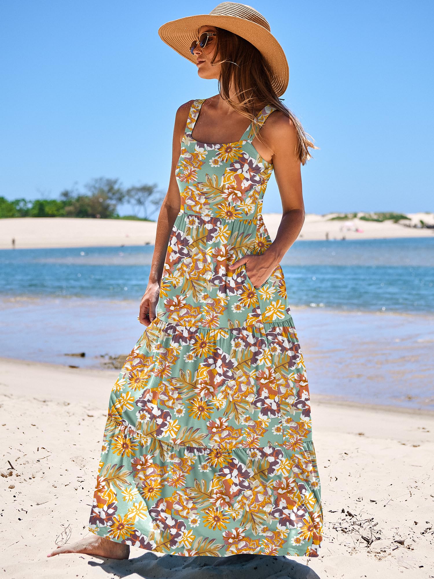 ANRABESS Women's Summer Maxi Dress - Sleeveless Square Neck Flowy Tiered Sun Dress with Pockets for Beach Vacation, Casual Outings, and Outdoor Events