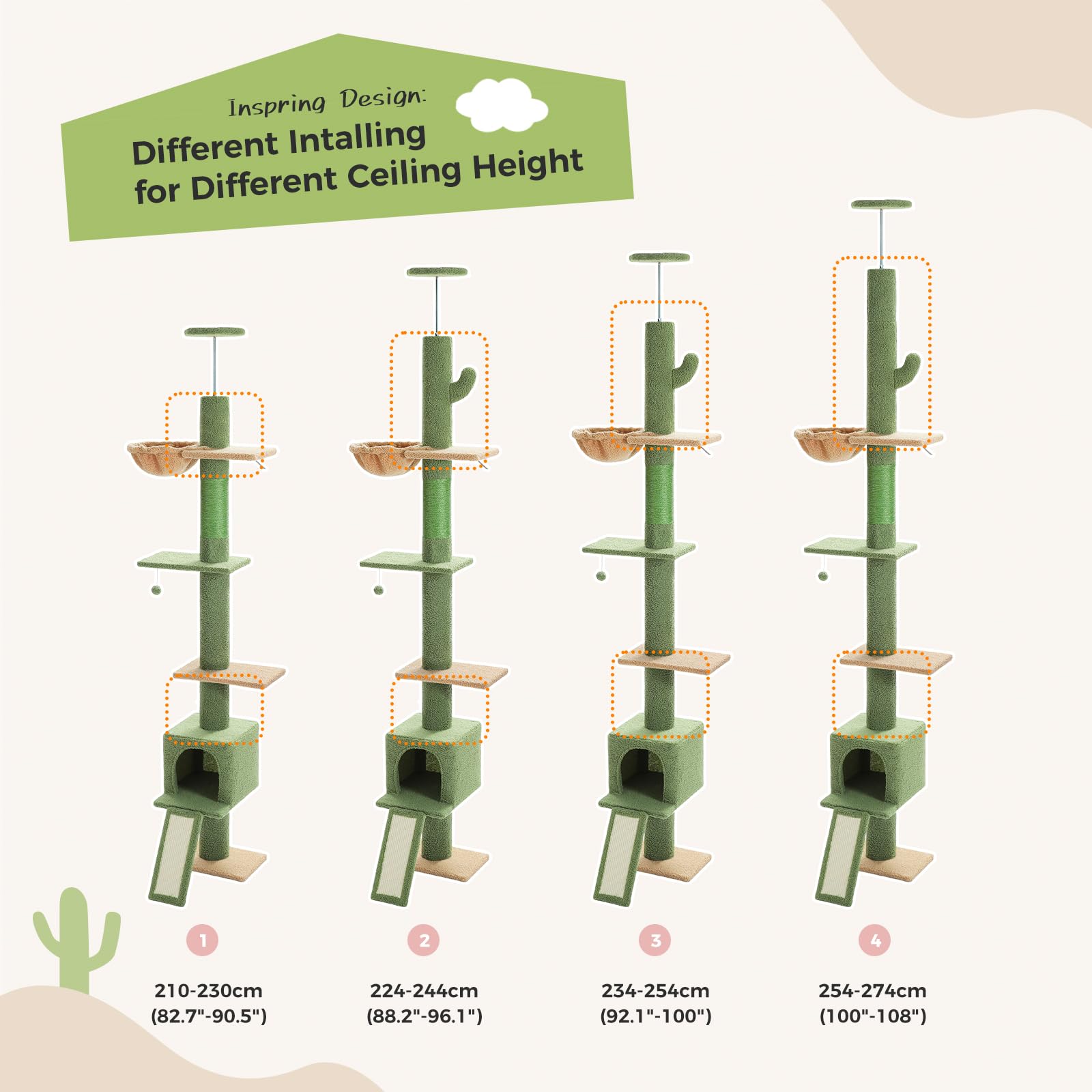 PEQULTI Adjustable Cat Tree Floor to Ceiling - 83'' to 108'' Tall Cat Tower with 5 Tiers, Cat Condo, Scratching Post & Ladder for Indoor Cats - Green Cactus Design | Perfect for Small Spaces, Apartments & Multi-Cat Homes