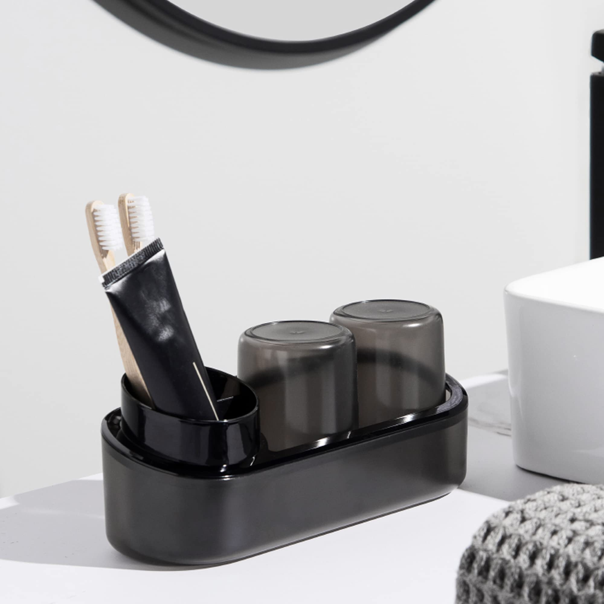Black Electric Toothbrush Holder with 2 Cups - Bathroom Countertop Organizer Stand for Toothbrush & Toothpaste Set - Perfect for Vanity, Kids, and Men - Ideal for Showers, Sinks, and Small Spaces