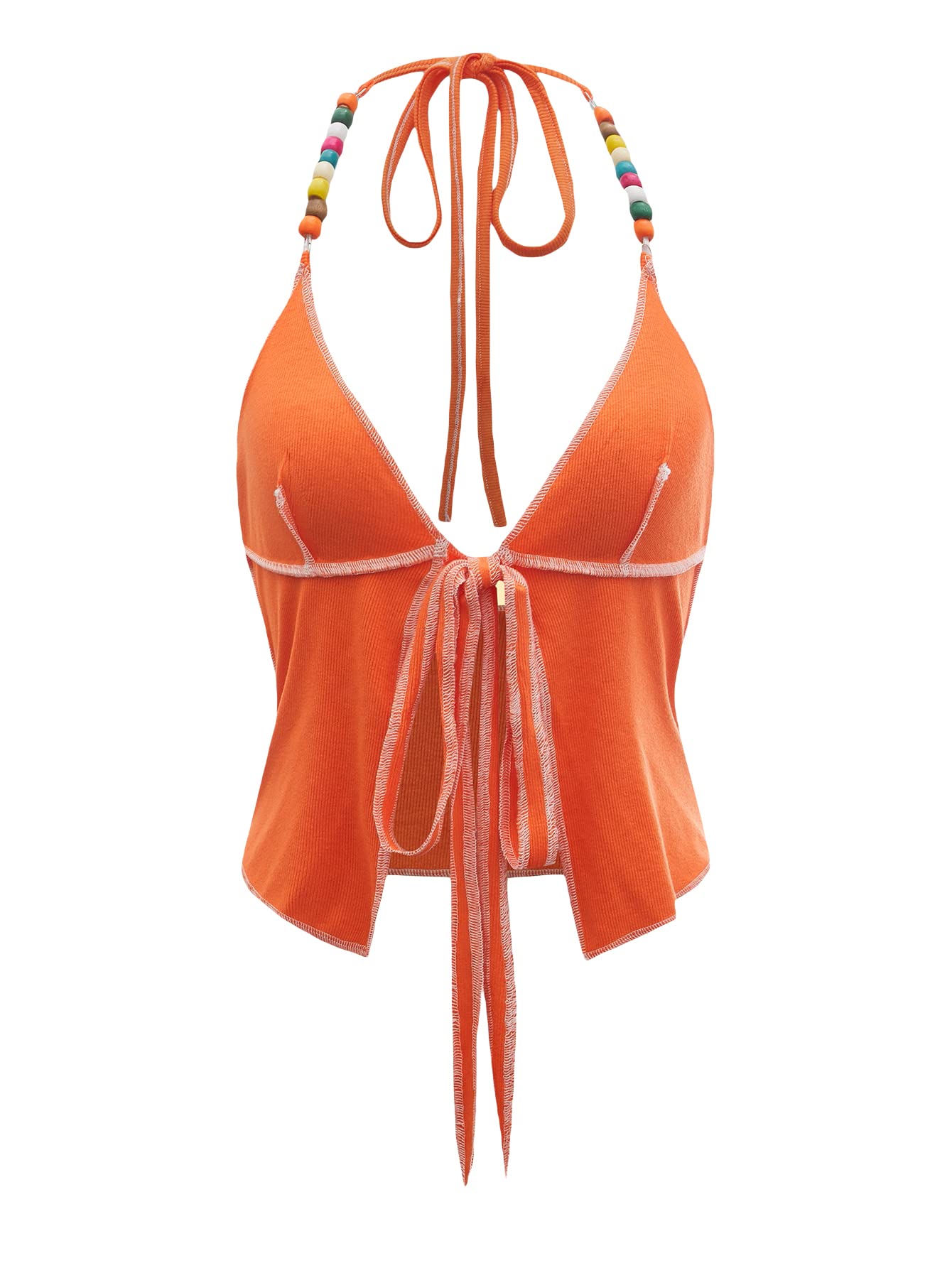Verdusa Women's Beaded Tie Front Deep V Neck Sleeveless Crop Halter Top - Sexy Summer Party Outfit for Beach, Club & Date Night