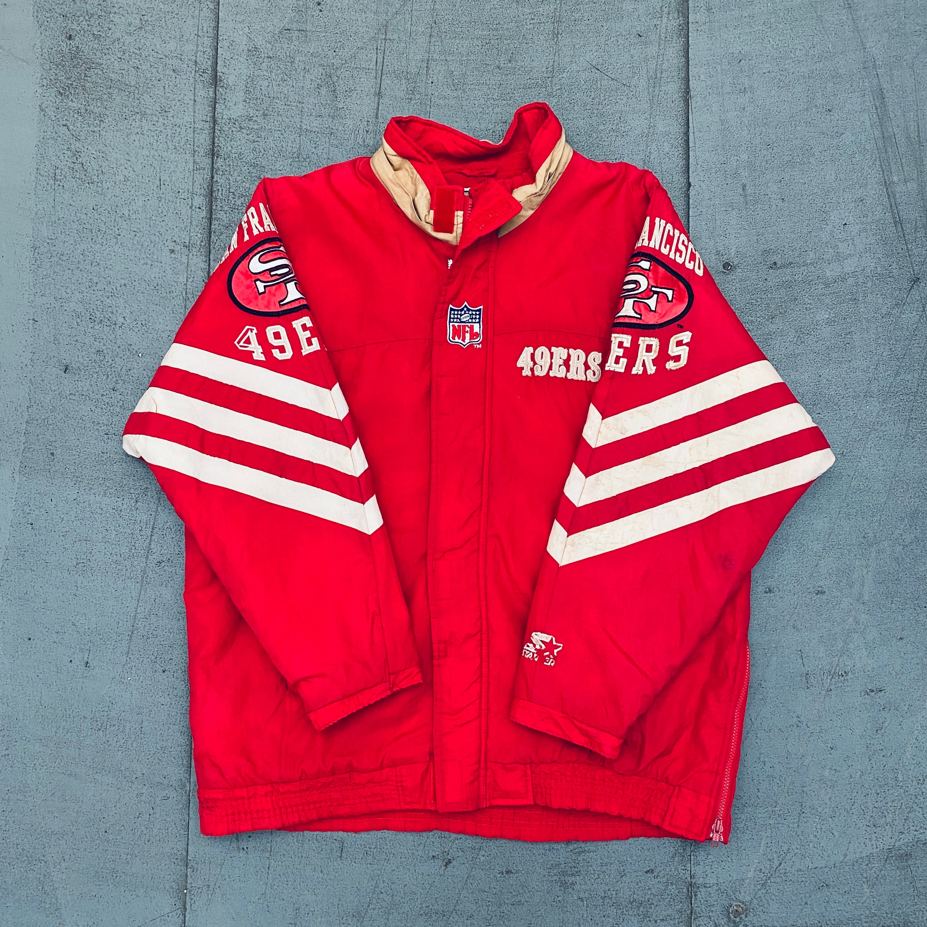 1990's San Francisco 49ers Full-Zip Proline Starter Chevron Jacket - XL Size | Vintage NFL Football Fan Gear for Game Day & Collectors