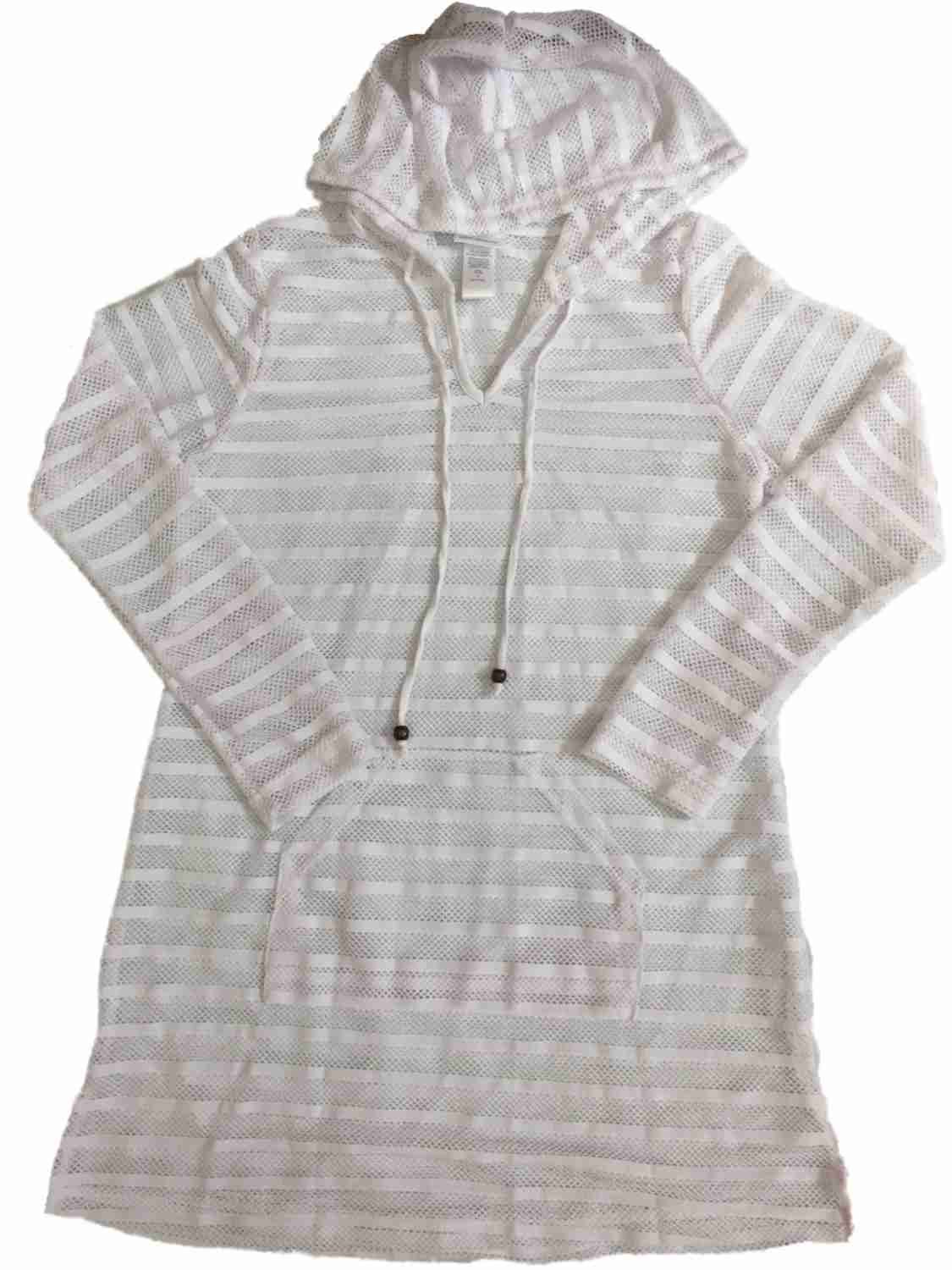 Women's White Mesh Hoodie Swim Cover Up - Kangaroo Pouch Beach Dress - Medium Size | Perfect for Poolside, Beach Vacation & Summer Outfits