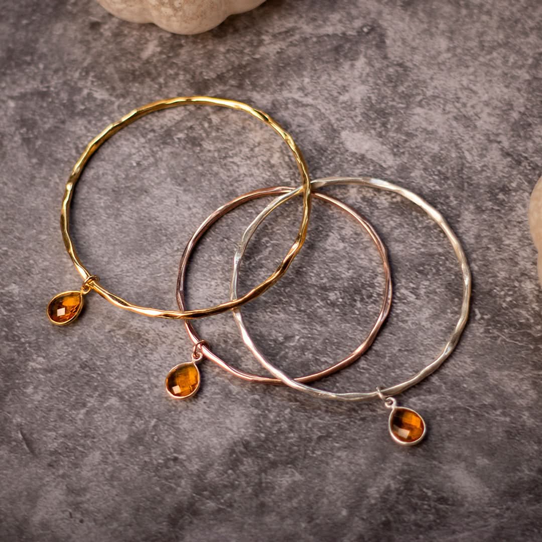 Natural Citrine Charm Bangle Sterling Silver Bracelet | November Birthstone Jewelry for Women | Perfect Gift for Birthday, Anniversary & Everyday Wear