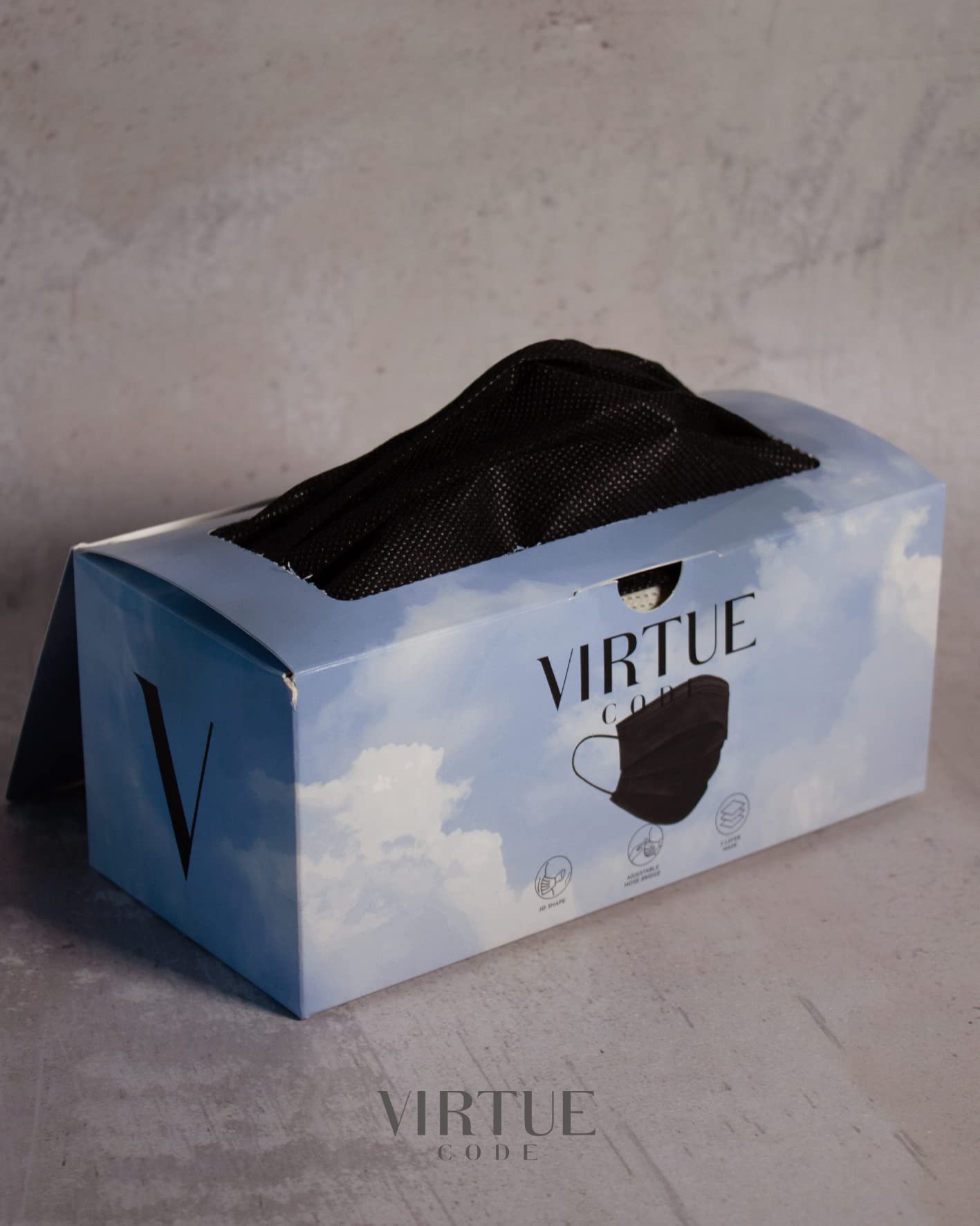 VIRTUE CODE Disposable Face Masks - 3-Ply Breathable Protective Masks for Daily Use, Travel & Work - 50 Pack (Black) | Comfortable & Lightweight for All-Day Wear