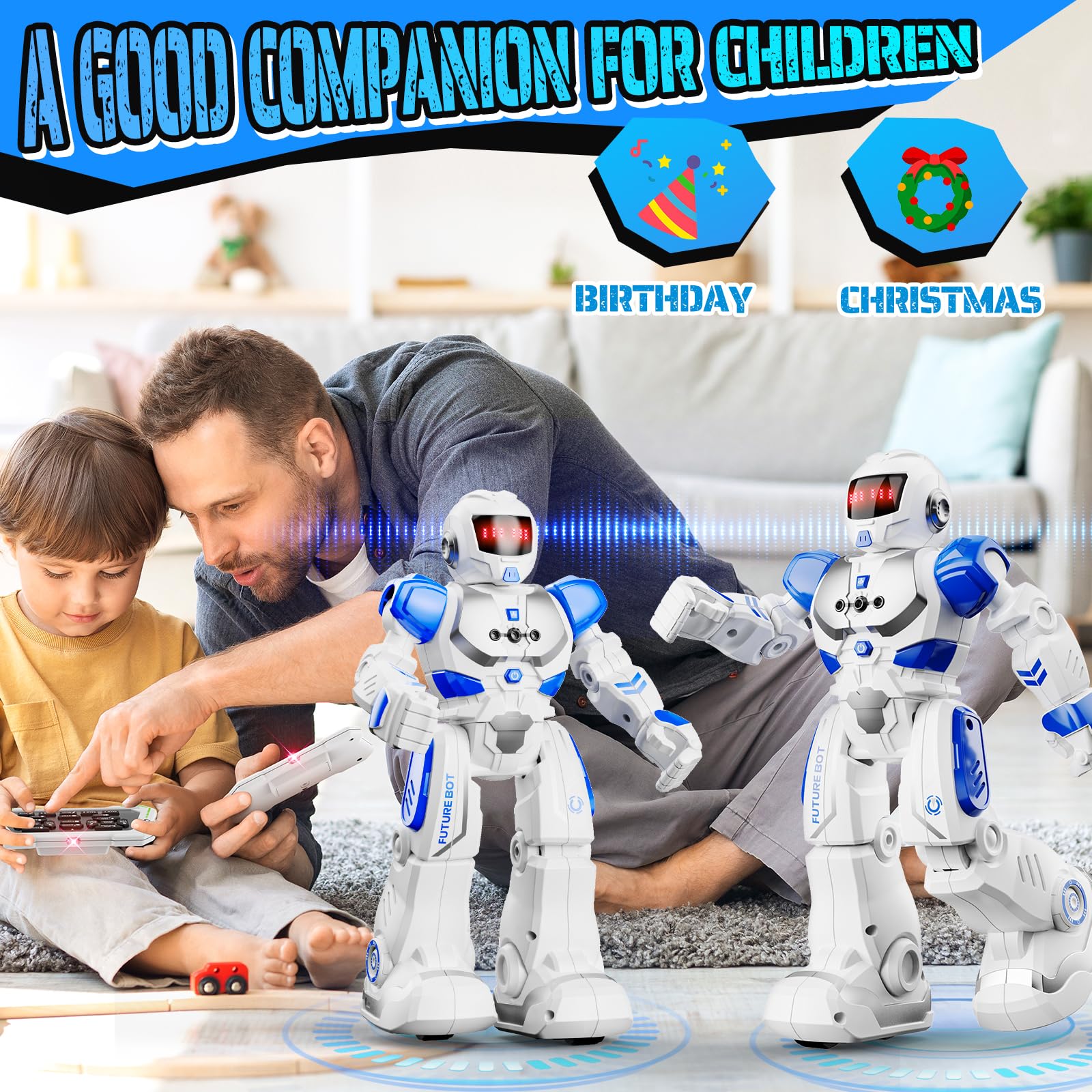 Programmable Remote Control Robot Toy for Kids Ages 3-12 - Smart Gesture Sensing Walking & Dancing RC Robot with Adjustable Volume - Perfect Birthday Gift for Boys & Girls (Blue) | STEM Learning Toy for Home & Classroom Play