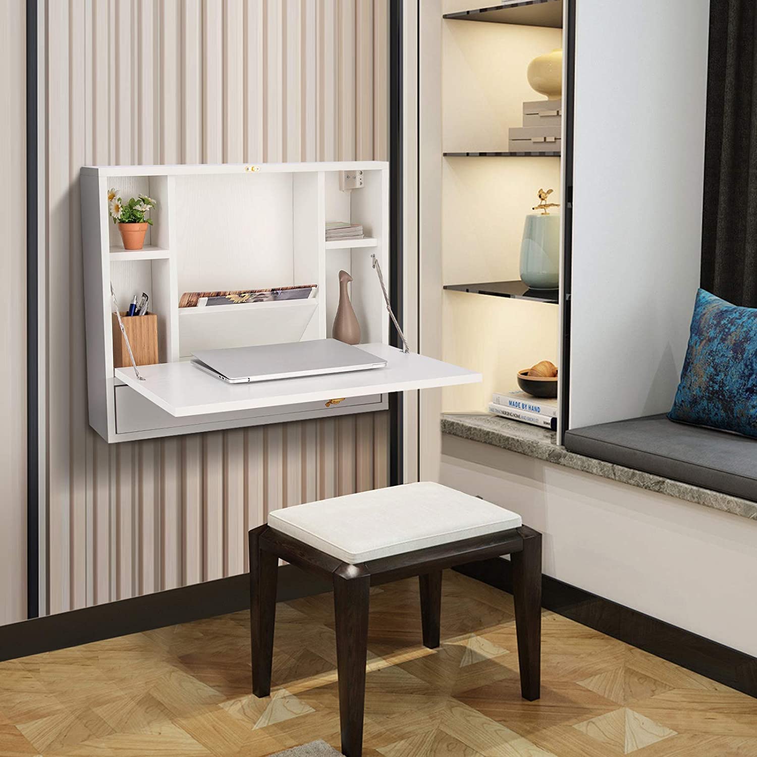 GRAFFY Wall Mounted Folding Desk with Storage Drawer & Shelves - Space Saving Home Office Computer Desk, Multifunctional Hanging Cabinet for Small Spaces - Perfect for Bedroom, Dorm, Studio Apartments (White)