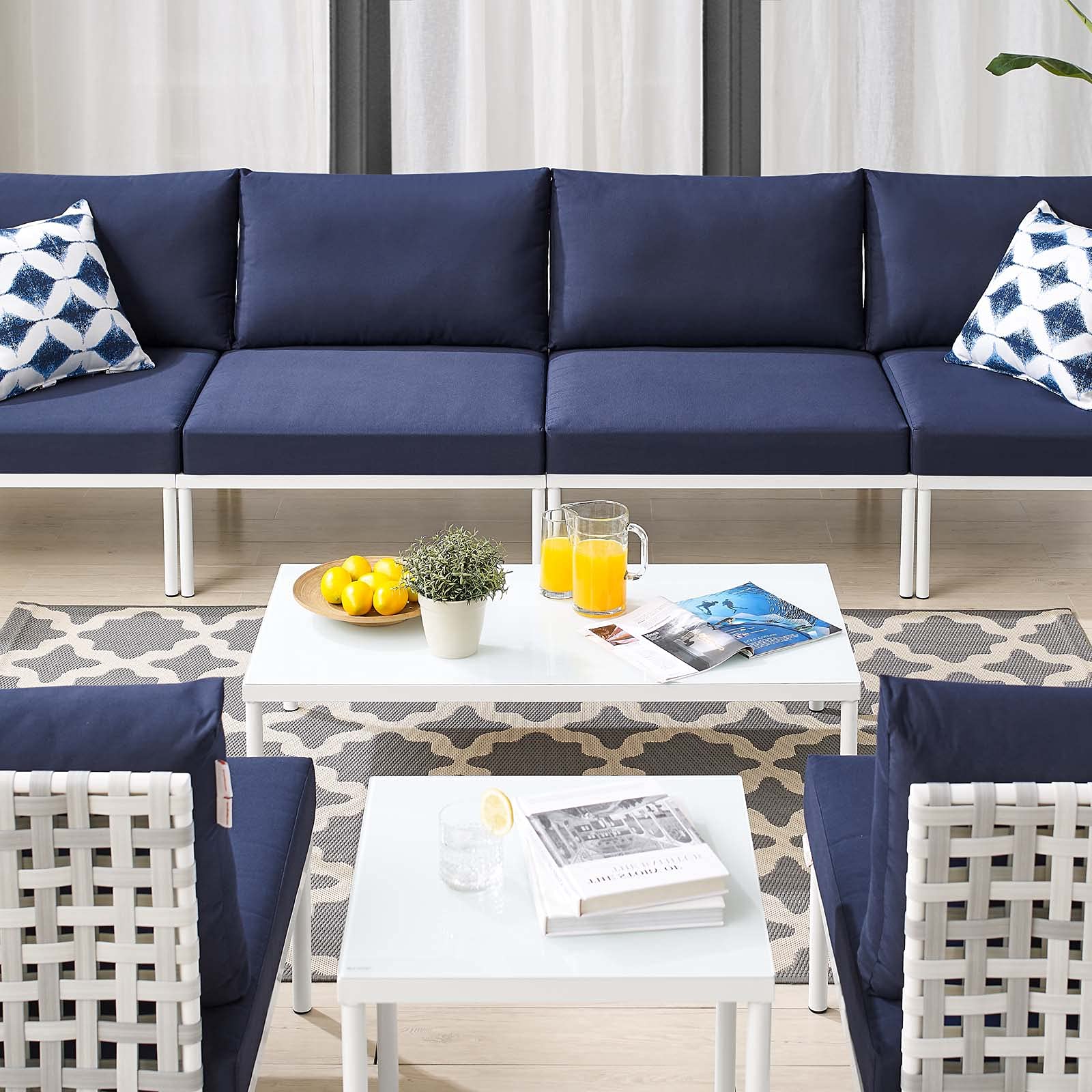 Modern Navy Blue Aluminum Lounge Sectional Sofa Set with Table - Outdoor Patio Furniture for Garden, Cafe, Poolside & Backyard Relaxation
