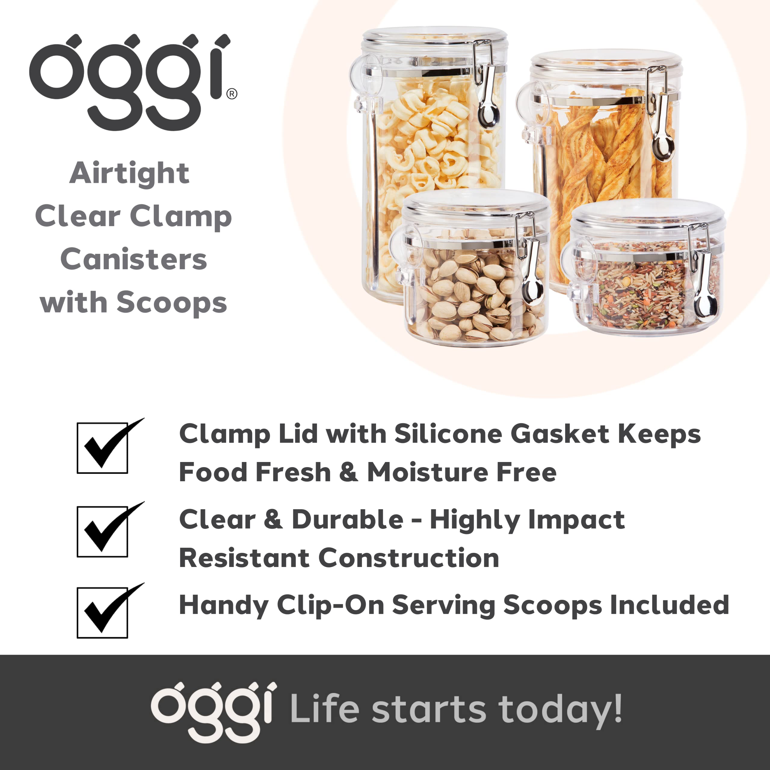 Oggi 4-Piece Clear Airtight Canister Set with Clamp Lids - Perfect for Kitchen & Pantry Storage of Flour, Sugar, Coffee, Rice, Tea, Spices & Herbs - Ideal for Baking, Cooking & Organizing Dry Foods