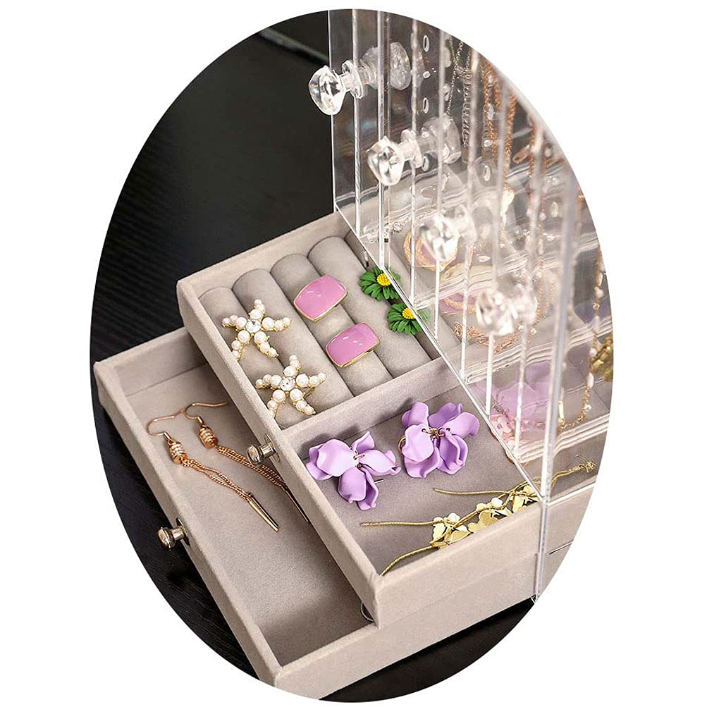 Clear 5-Tier Vertical Drawer Earring Display Stand Organizer with 2 Storage Drawers - Portable Velvet Jewelry Tray for Ring & Earring Storage - Perfect for Boutique, Jewelry Store & Home Organization