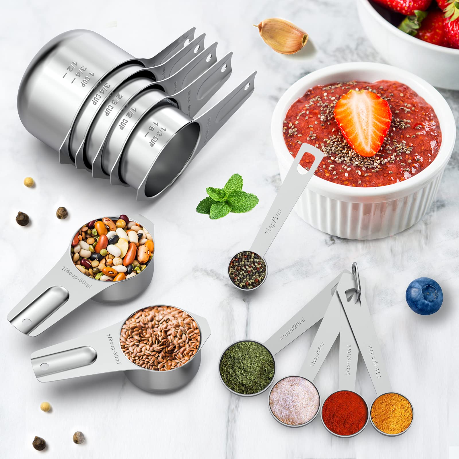 21-Piece Stainless Steel Measuring Cups and Spoons Set - Stackable Metal Measuring Cups & Spoons for Cooking, Baking, Kitchen - Includes 7 Cups, 9 Spoons, 5 Mini Spoons - Perfect for Home Chefs, Bakers & Meal Prep