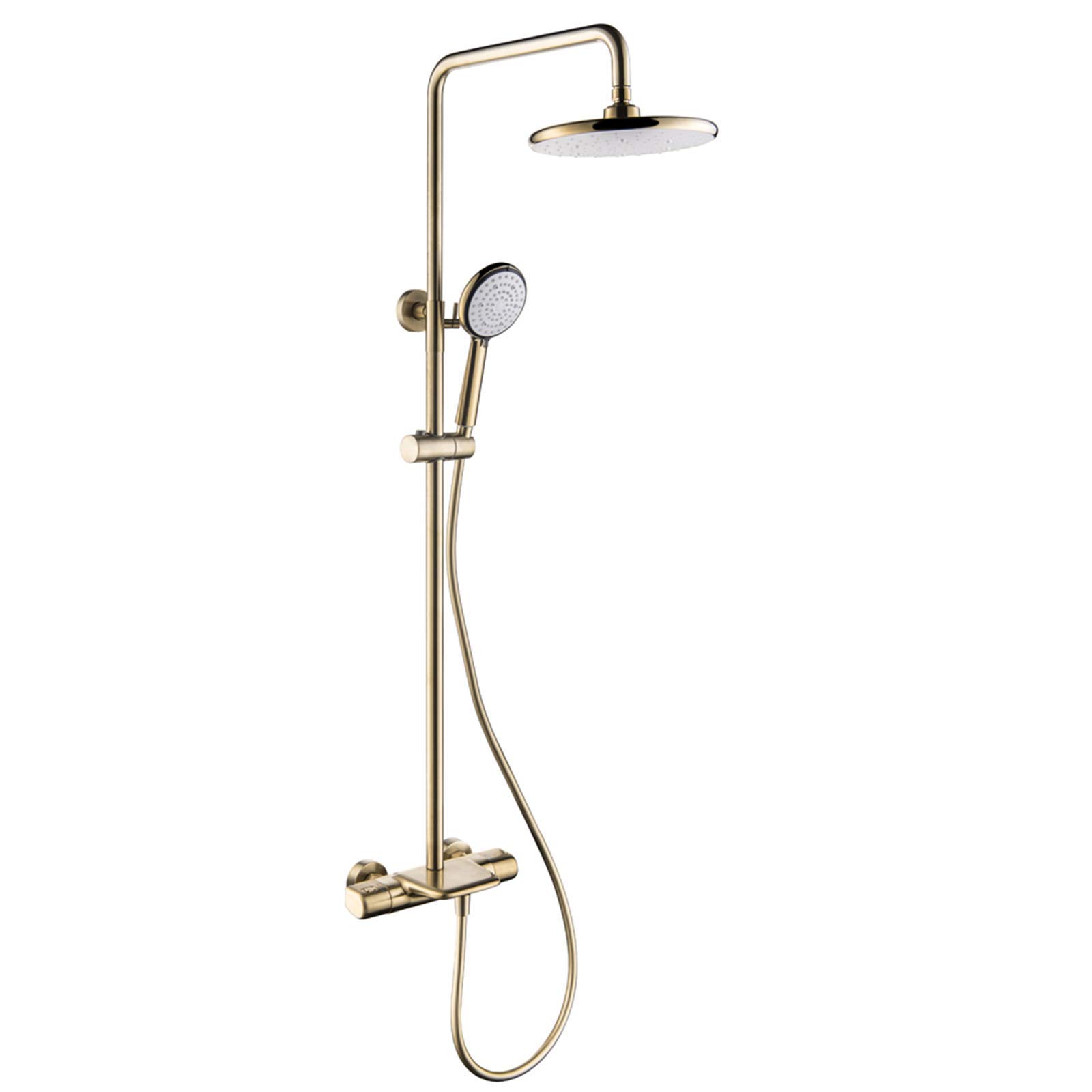 LUNEZY Thermostatic Shower Combo Set - Wall Mounted Brushed Gold Bathroom Faucet with Rainfall Shower Head & Handheld Sprayer - Perfect for Modern Bathroom Renovation and Spa-Like Shower Experience
