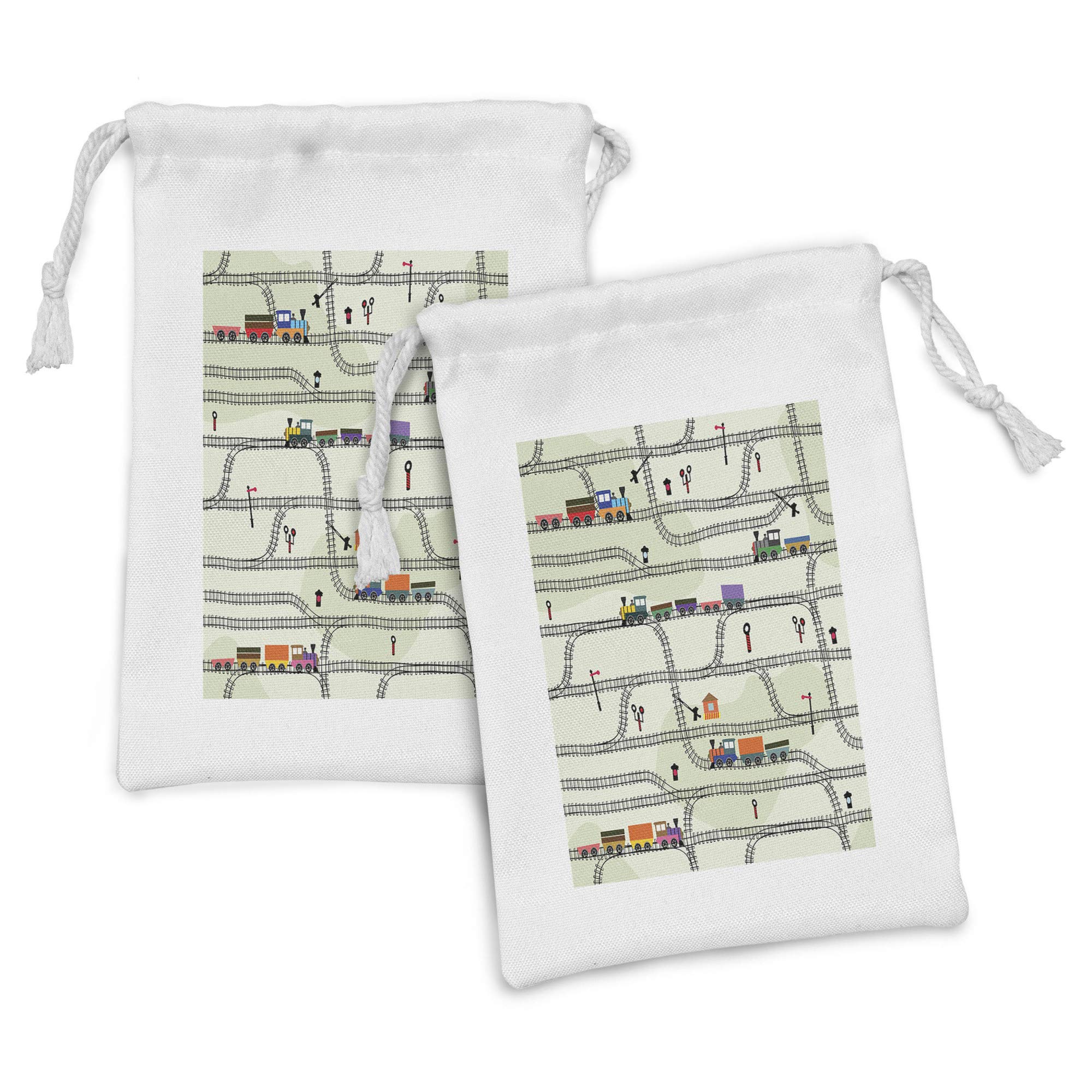Ambesonne Railroad Fabric Pouch Set of 2 - Train Locomotive Cartoon Drawstring Bags for Toiletries, Travel Accessories & Party Favors (9