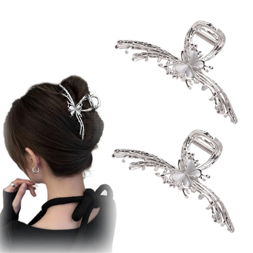 Silver Butterfly Hair Clips - 4 Inch Metal Hair Claw Clips for Women, Strong Hold Hair Clamps, Fashion Hair Accessories for Girls & Ladies | Perfect for Updos, Ponytails & Everyday Styling