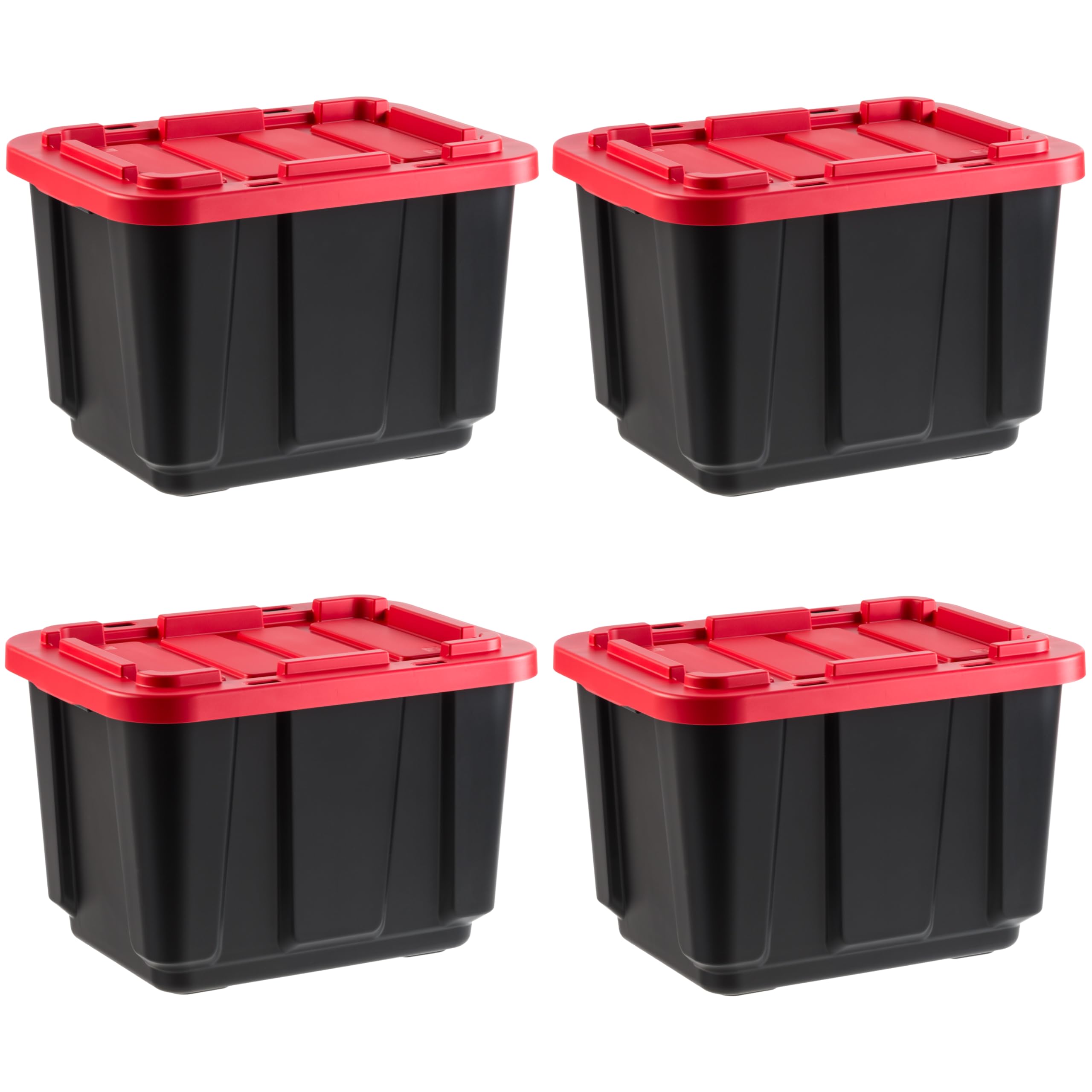 IRIS USA 12-Gallon Heavy-Duty Truck Bed Toolbox Storage Totes with Lids (4-Pack) - Stackable Industrial Bins for Garage Organization, Workshop & Outdoor Use - Made in USA, Durable Snap-On Lids, Reusable Black/Red Plastic Containers