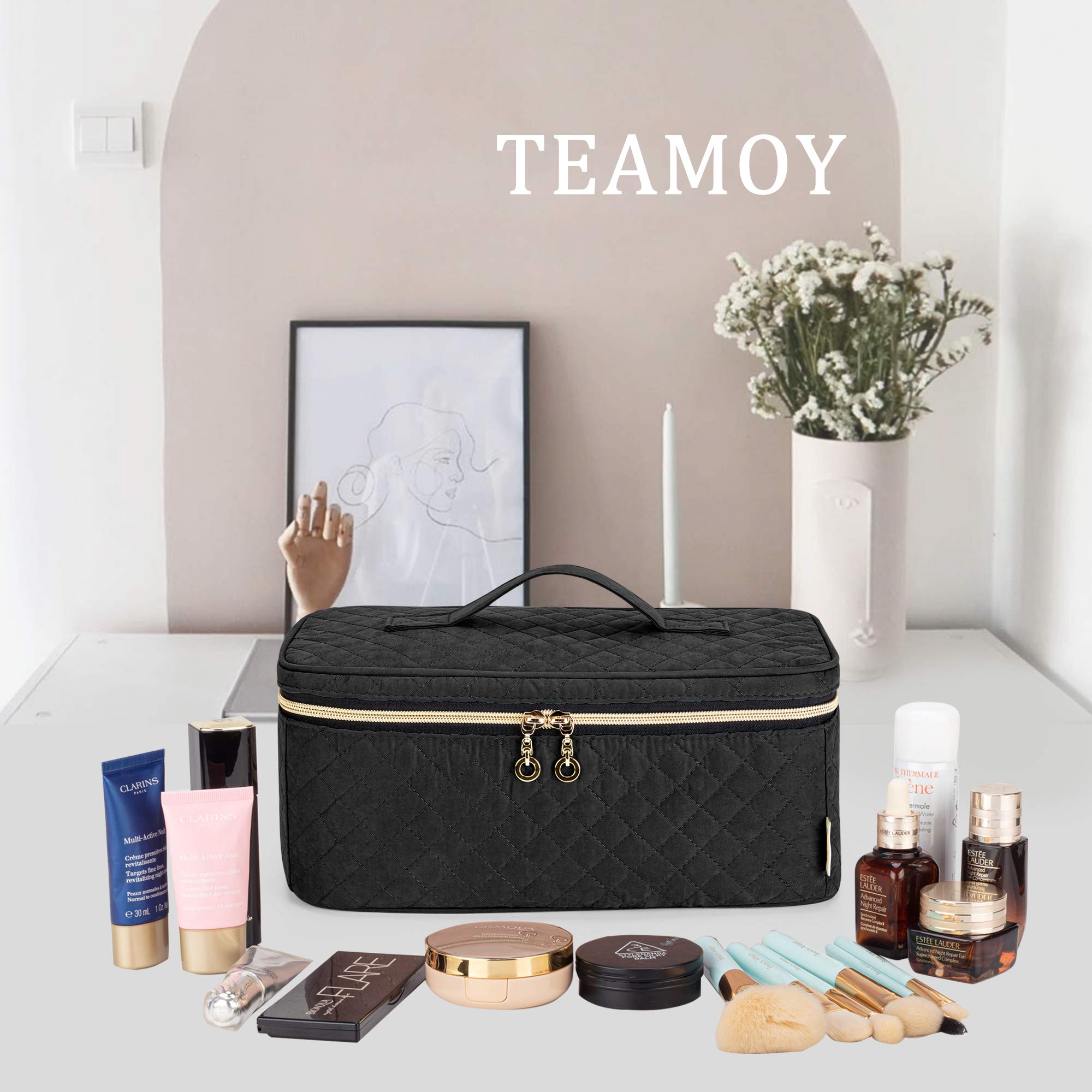 Teamoy Travel Makeup Brush Organizer Case - Large Black Cosmetic Brush Holder Bag with Handle for Makeup Brushes (Up to 8 Inch) & Beauty Essentials - Perfect for Travel, Salon Professionals & Home Storage