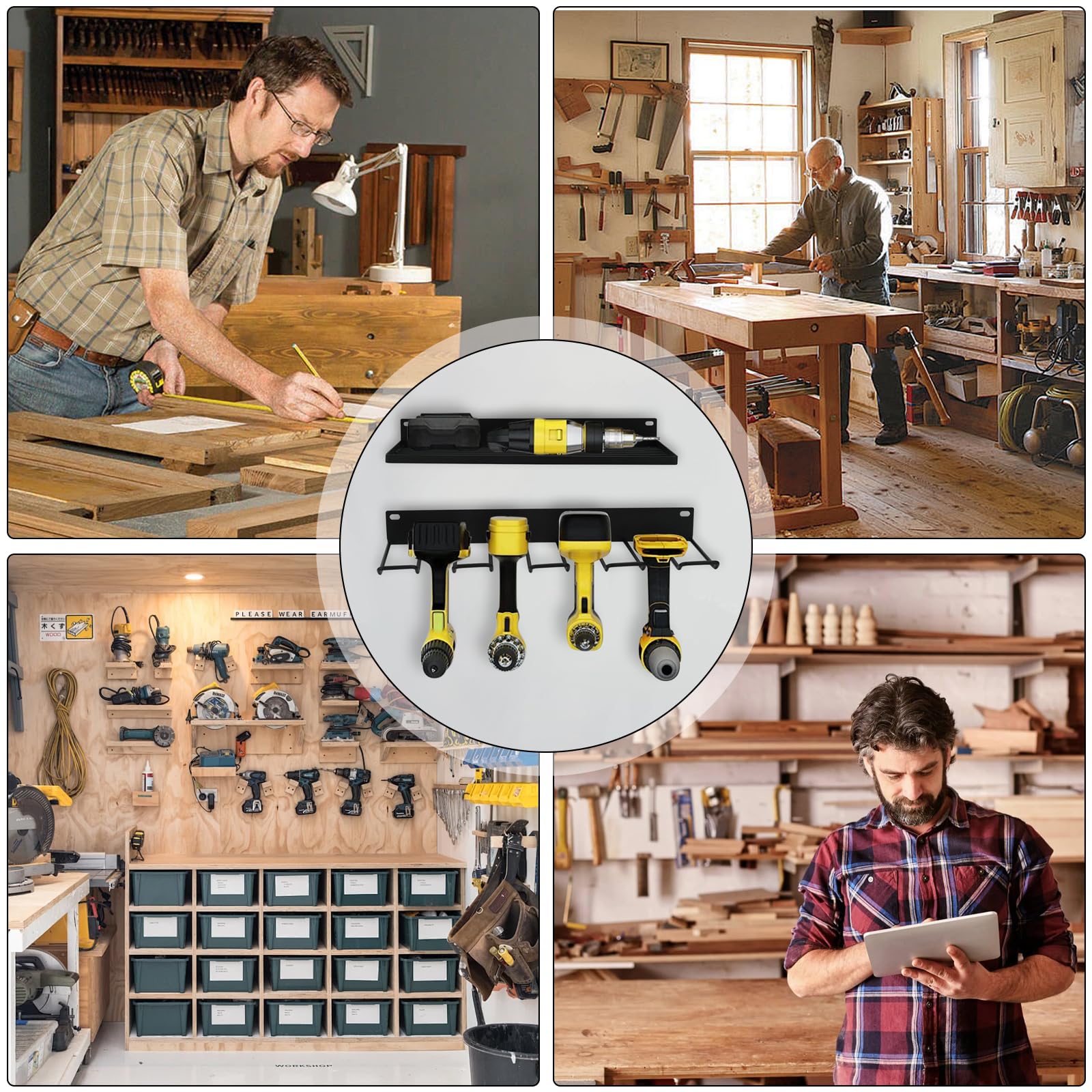 Heavy Duty Metal Power Tool Organizer Wall Mount with Charging Station - 2 Pack, Black | Drill Holder, 2 Shelves & 2 Tool Rails for Garage, Workshop & DIY Projects