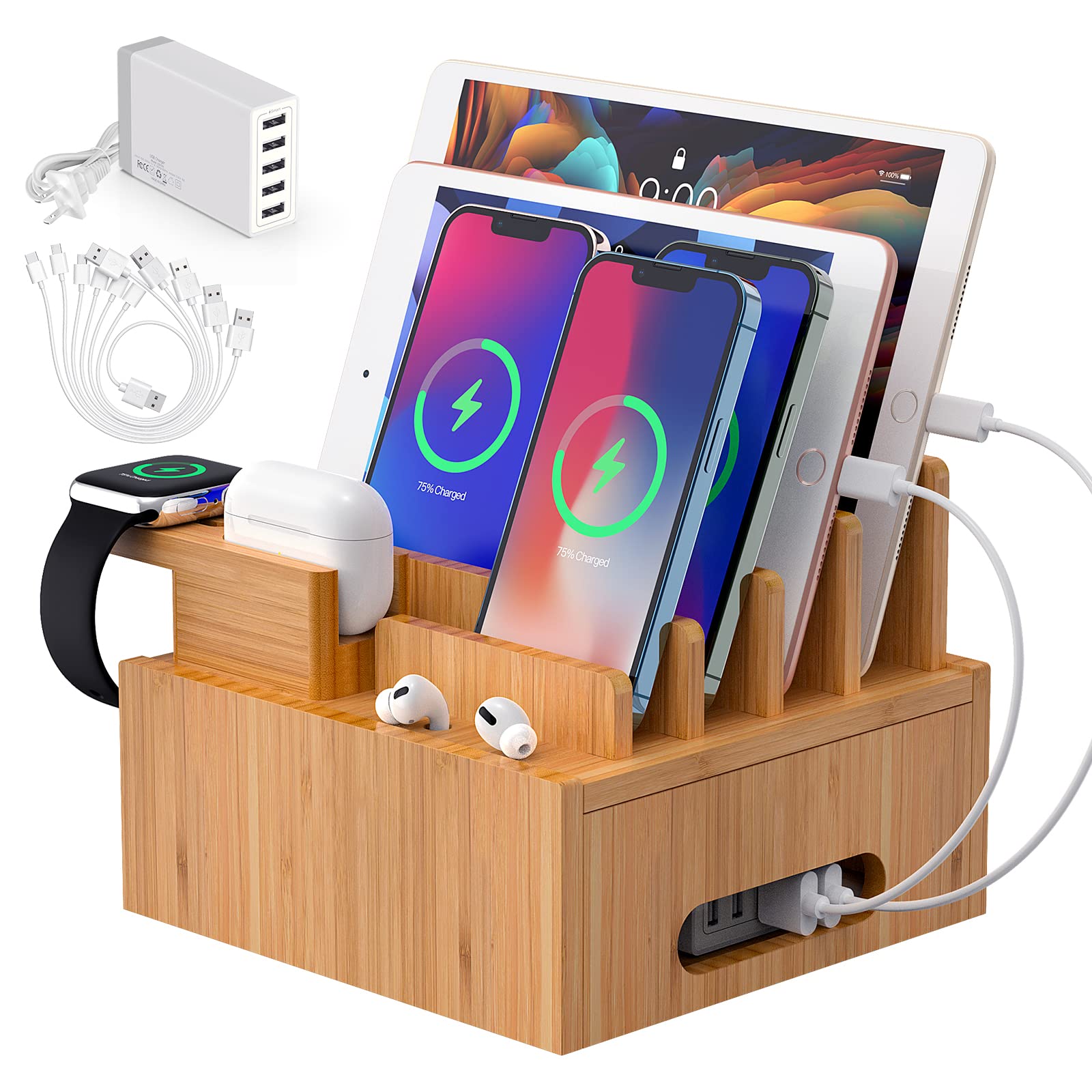 6-Port USB Charging Station for Smartphones & Tablets - All-in-One Organizer Dock with Watch Stand & Earbuds Holder - Includes 6 Charging Cables & 5-Port Fast Charger Hub - Premium Bamboo Design (Pezin & Hulin) - Perfect for Home, Office & Travel Accessory Organization