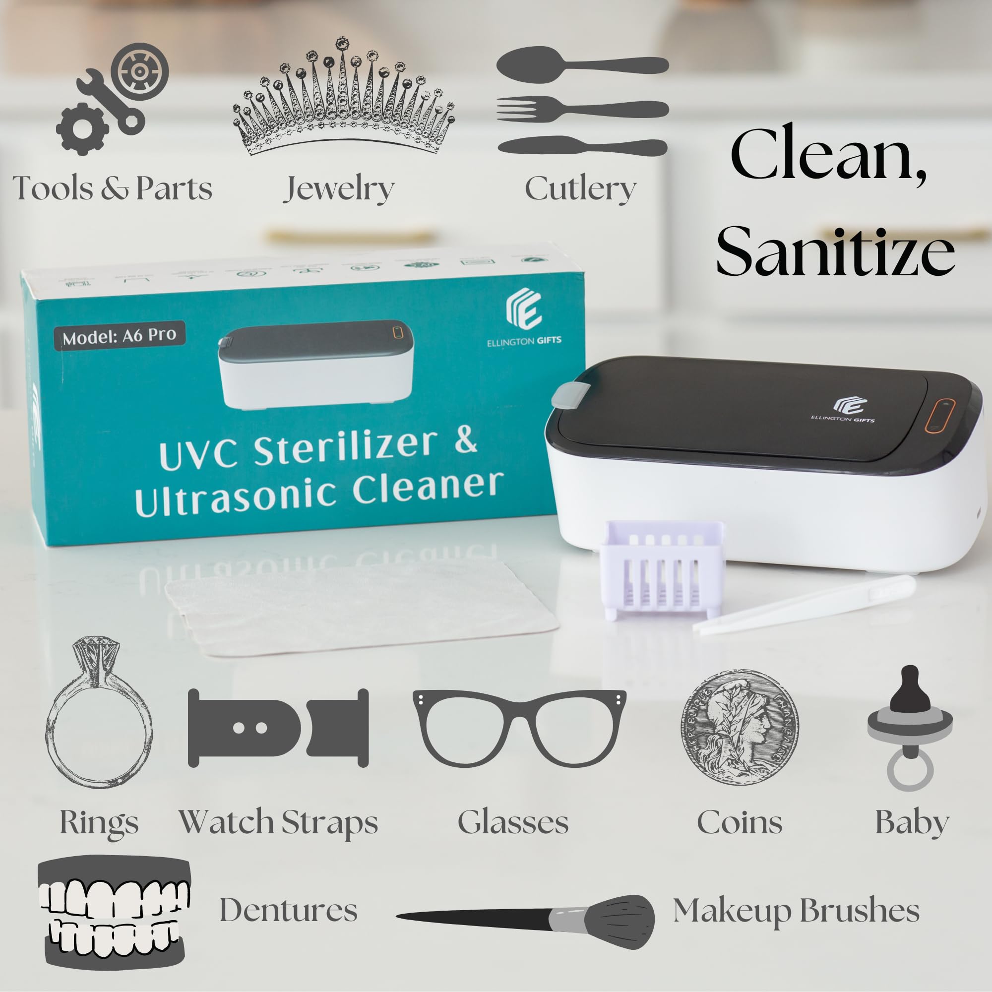 UV-C Ultrasonic Jewelry Cleaner - 46KHz Portable Sonic Cleaning Device with 18Oz Capacity for Jewelry, Necklaces, Watches, Dentures & Aligners | Perfect for Home, Travel & Professional Jewelry Care