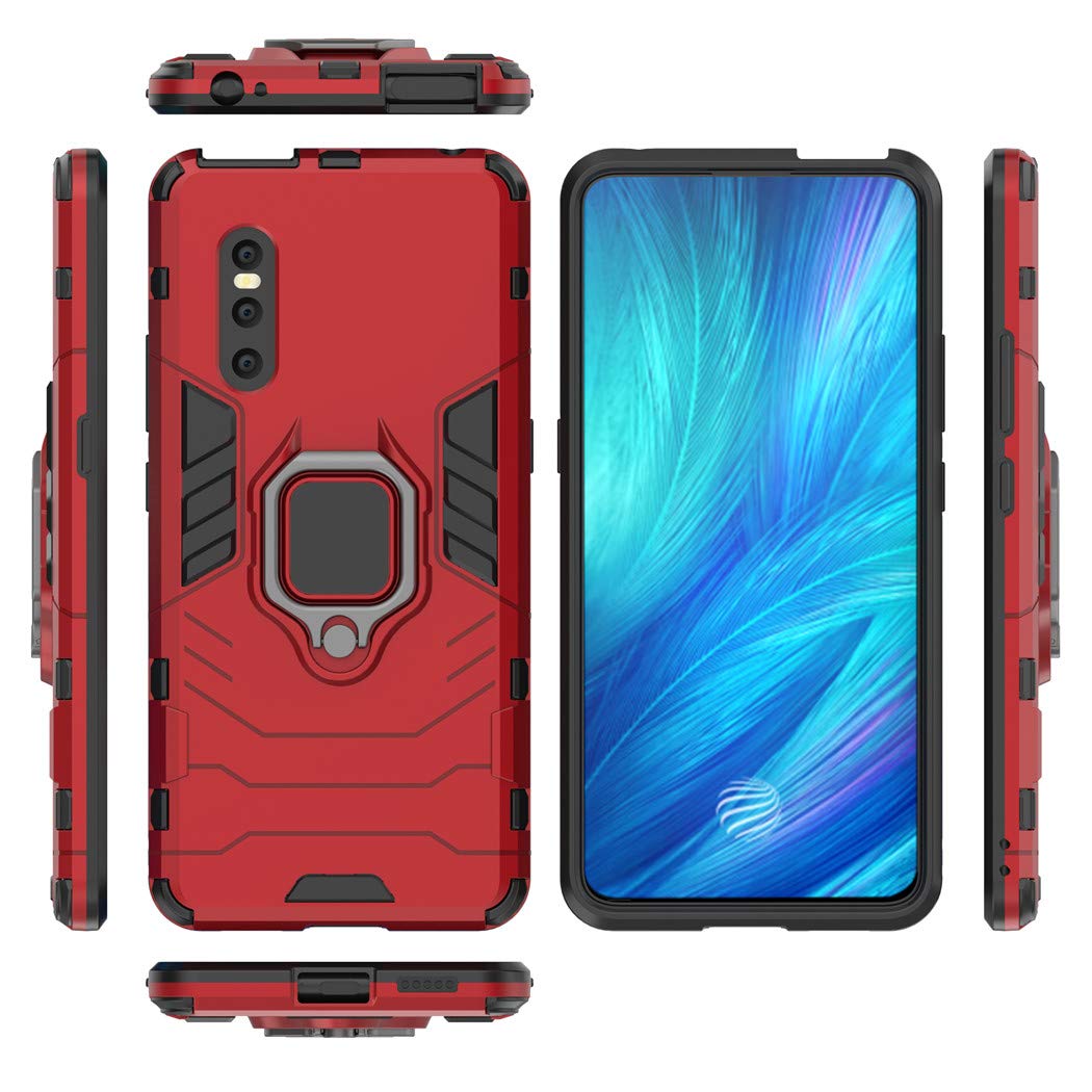 Shockproof Hard Bumper Case for Vivo X27 with Metal Ring Grip & Kickstand - Magnetic Car Mount Compatible, Dual Layer Rugged Protective Cover (Red) - Perfect for Outdoor Activities, Travel, and Daily Use