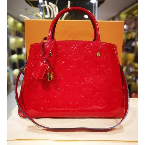 Authentic Louis Vuitton Montaigne MM Monogram Vernis Tote Bag in Vibrant Red - Perfect for Work, Travel & Luxury Everyday Carry