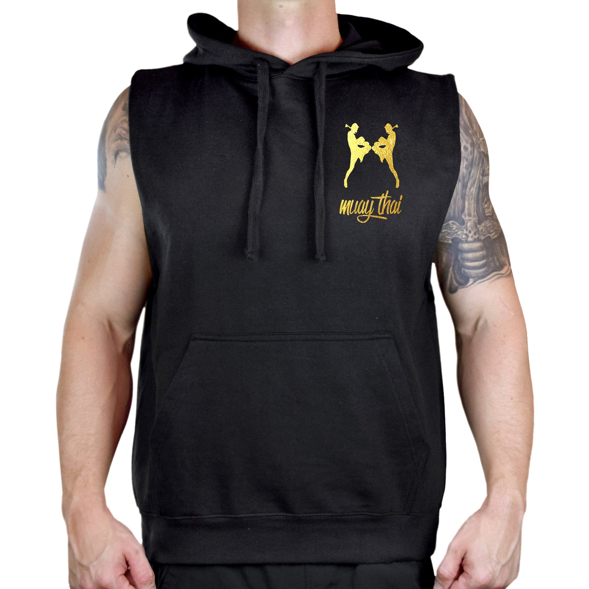 Interstate Apparel Men's Gold Foil Muay Thai Emblem Sleeveless Vest Hoodie - MMA Training, Boxing Workout & Streetwear Fashion
