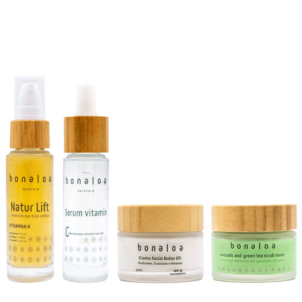 Vitamin C Serum with Hyaluronic Acid & Plant DNA Botox Lift Cream - Full Day & Night Skincare Set for Eye & Lip Contour with Exfoliating Mask | Anti-Aging, Hydration & Brightening for Glowing Skin