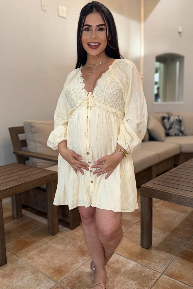 Beige Crochet Lace Button Front Maternity Dress for Pregnancy Photos, Baby Shower & Special Occasions - Comfortable Nursing Dress for Expecting Mothers