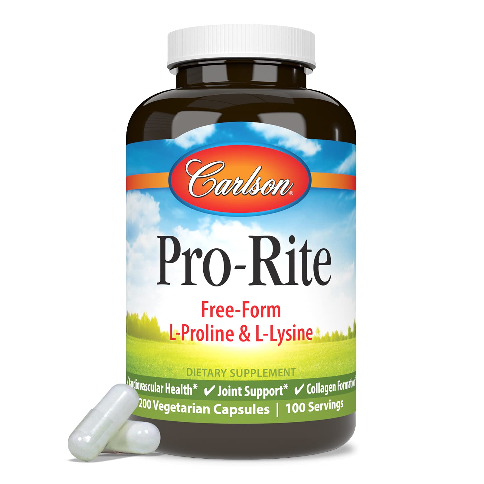 Carlson Pro-Rite Free-Form L-Proline & L-Lysine Supplement - 200 Capsules for Joint Support, Collagen Formation & Overall Health | Supports Mobility & Skin Elasticity