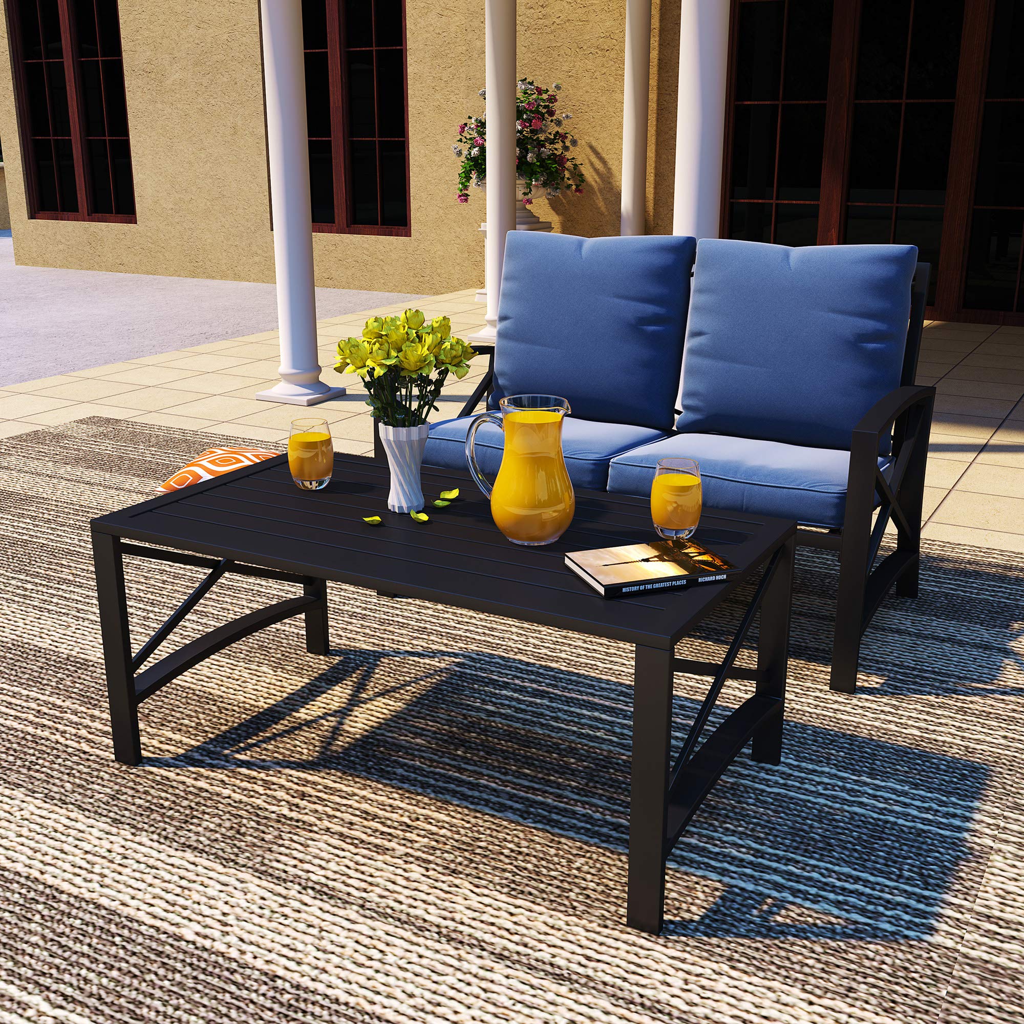 Modern Outdoor Patio Conversation Sectional Set - 2-Piece Loveseat with Cushions & Coffee Table, Durable Metal Frame - Perfect for Poolside, Backyard, Lawn or Garden Relaxation (Blue)