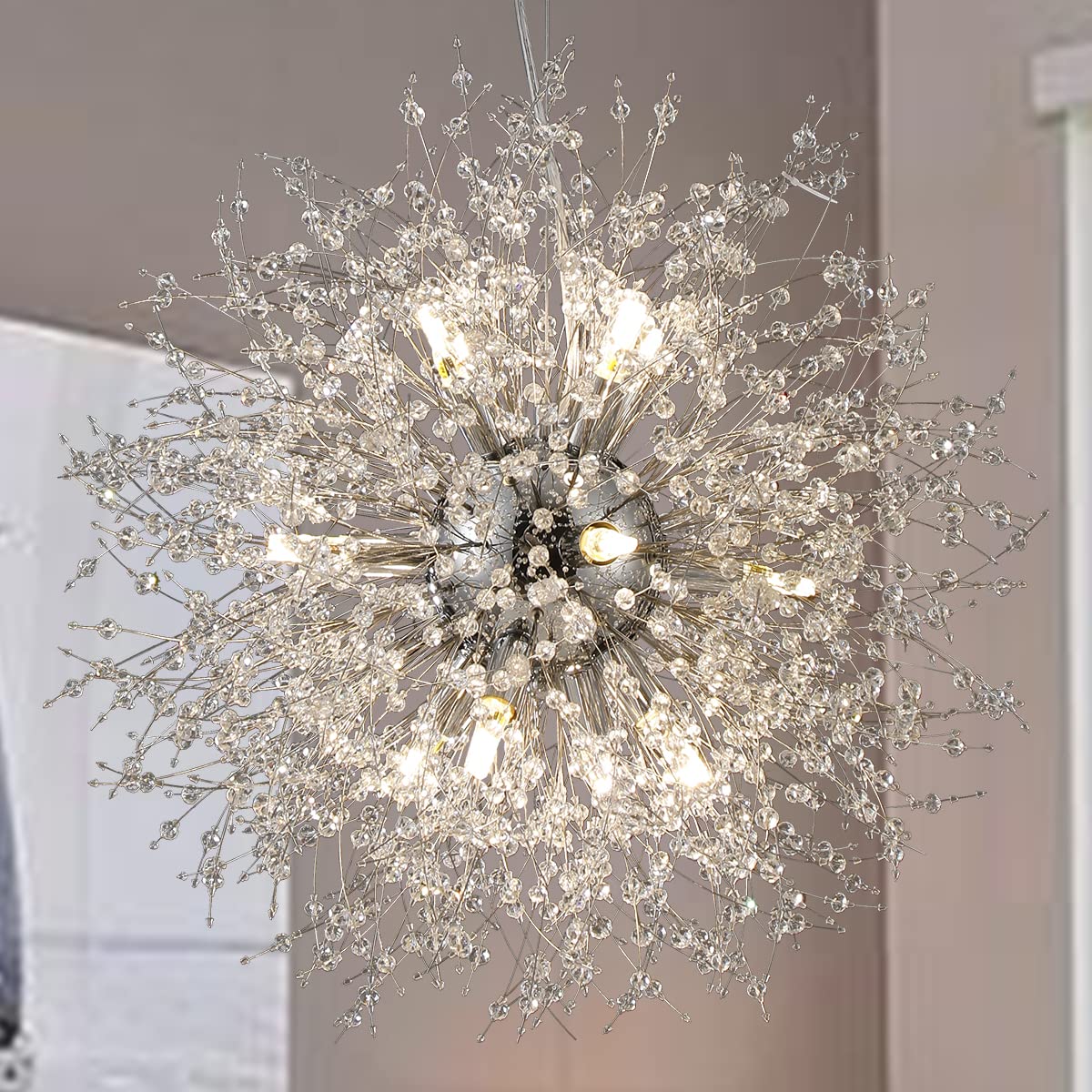 Modern Dandelion Chandelier - Chrome Firework Hanging Lamp with Sputnik Crystal Pendants - 16-Light Fixture for Kitchen Island, Dining Room & Living Room (25.59