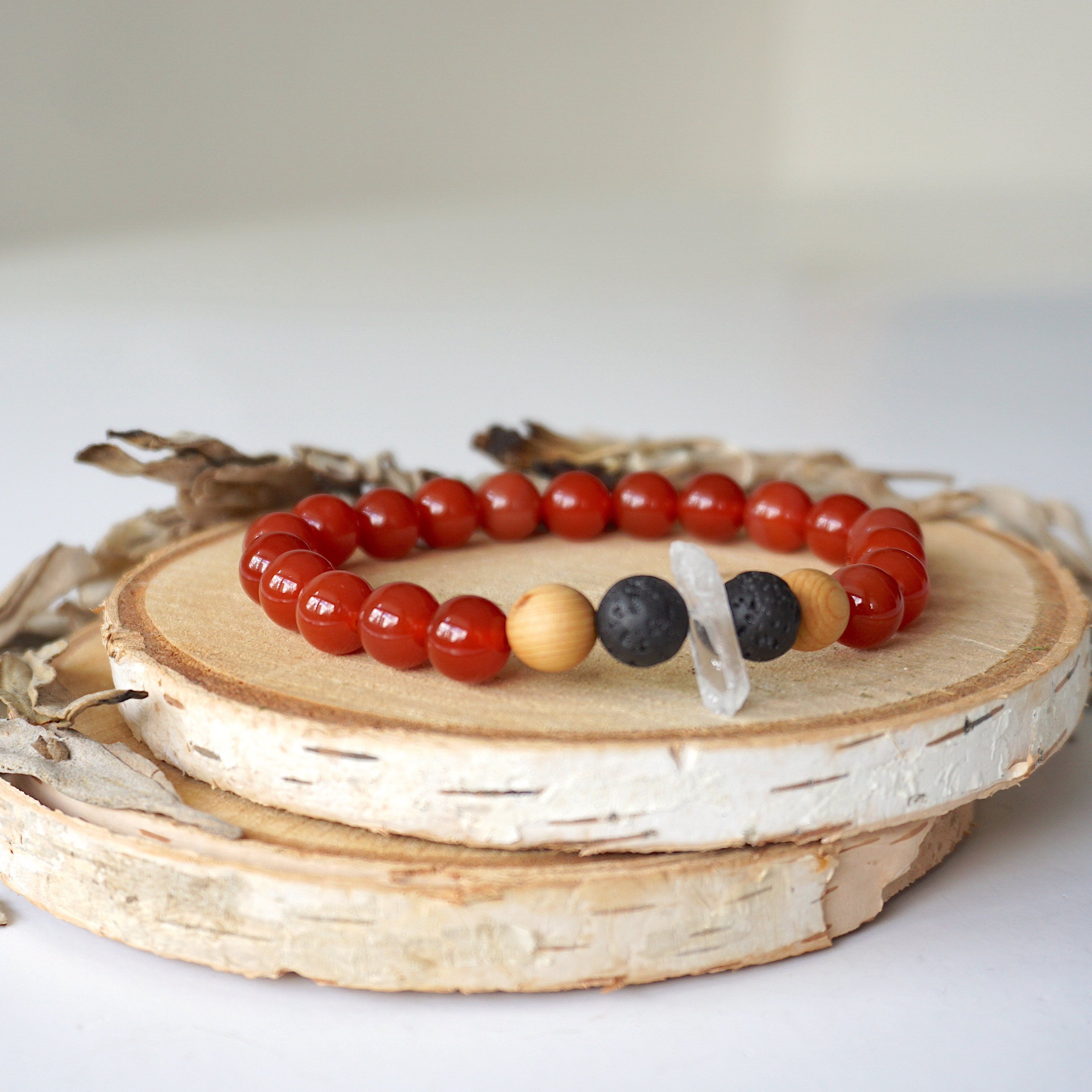 Natural Carnelian Healing Crystal Mala Bracelet with Quartz, Lava Beads & Olivewood - Meditation, Yoga, Chakra Balancing & Spiritual Healing Jewelry