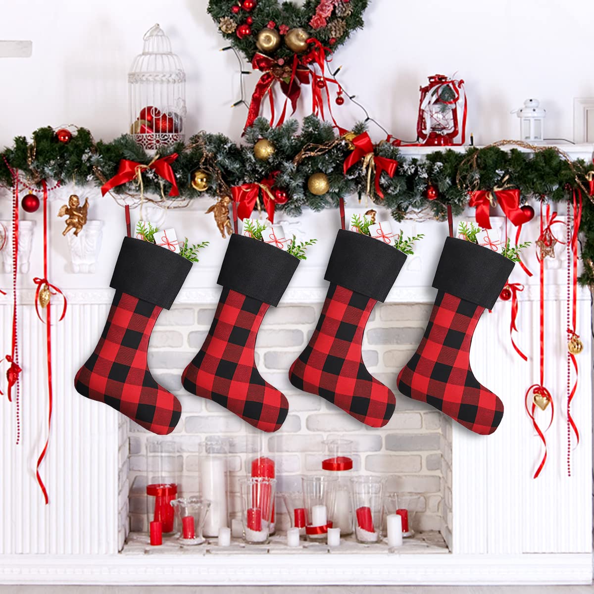 8 Pack Christmas Stockings - 18 Inch Buffalo Plaid Personalized Holiday Stockings for Family, Xmas Party Decorations - Black Cuff with Red & Black Plaid - Perfect for Fireplace Mantel, Gift Exchange & Festive Home Decor