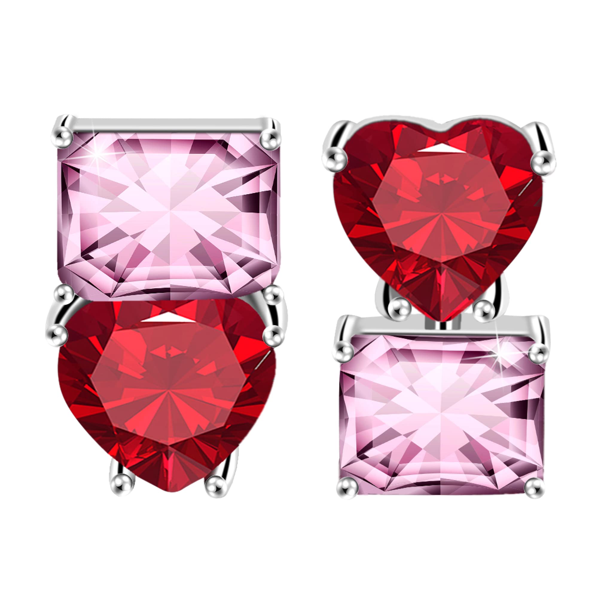 Konikit Red Heart & Pink Square Birthstone Stud Earrings for Women - Asymmetrical Cubic Zirconia Crystal Studs, Perfect Jewelry Gift for Girls | Ideal for Valentine's Day, Anniversary & Everyday Wear