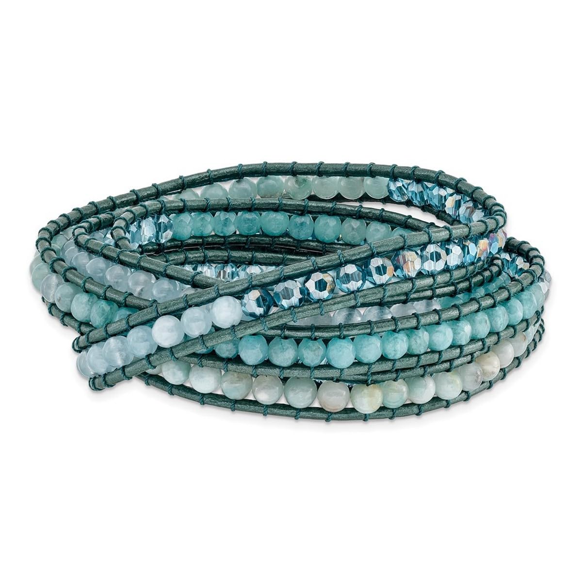 Amazonite & Blue Quartz Crystal Leather Wrap Bracelet for Women - Adjustable Multi-Wrap Beaded Boho Jewelry for Everyday Wear, Gifts & Spiritual Healing
