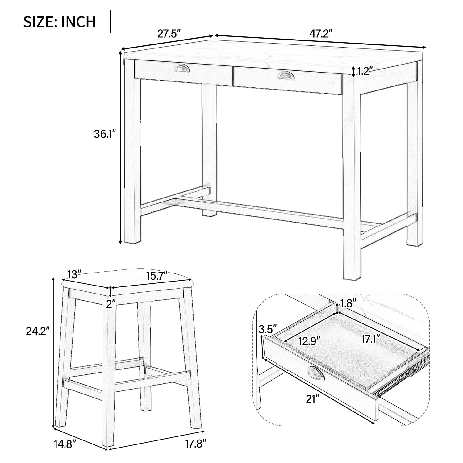 P PURLOVE 5-Piece Dining Table Set with Storage Drawers, Faux Marble Kitchen Island & 4 Padded Stools - Space-Saving Breakfast Nook Set for Small Kitchens, Apartments & Dining Areas