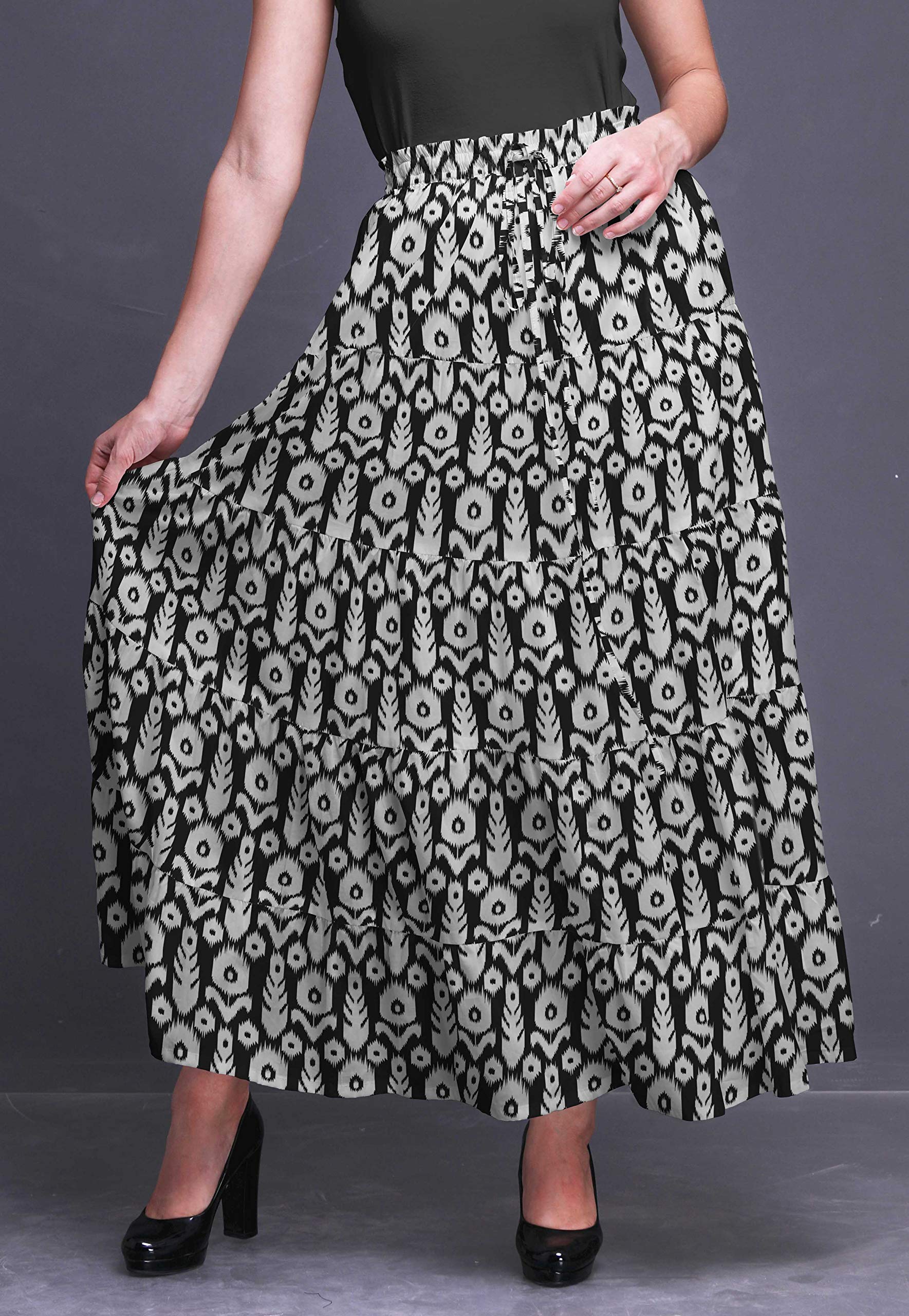 Boho Printed Long 5-Tier Cotton Skirt for Women - Flowy Maxi Skirt with Elastic Waistband for Summer, Beach, Music Festivals & Casual Outings