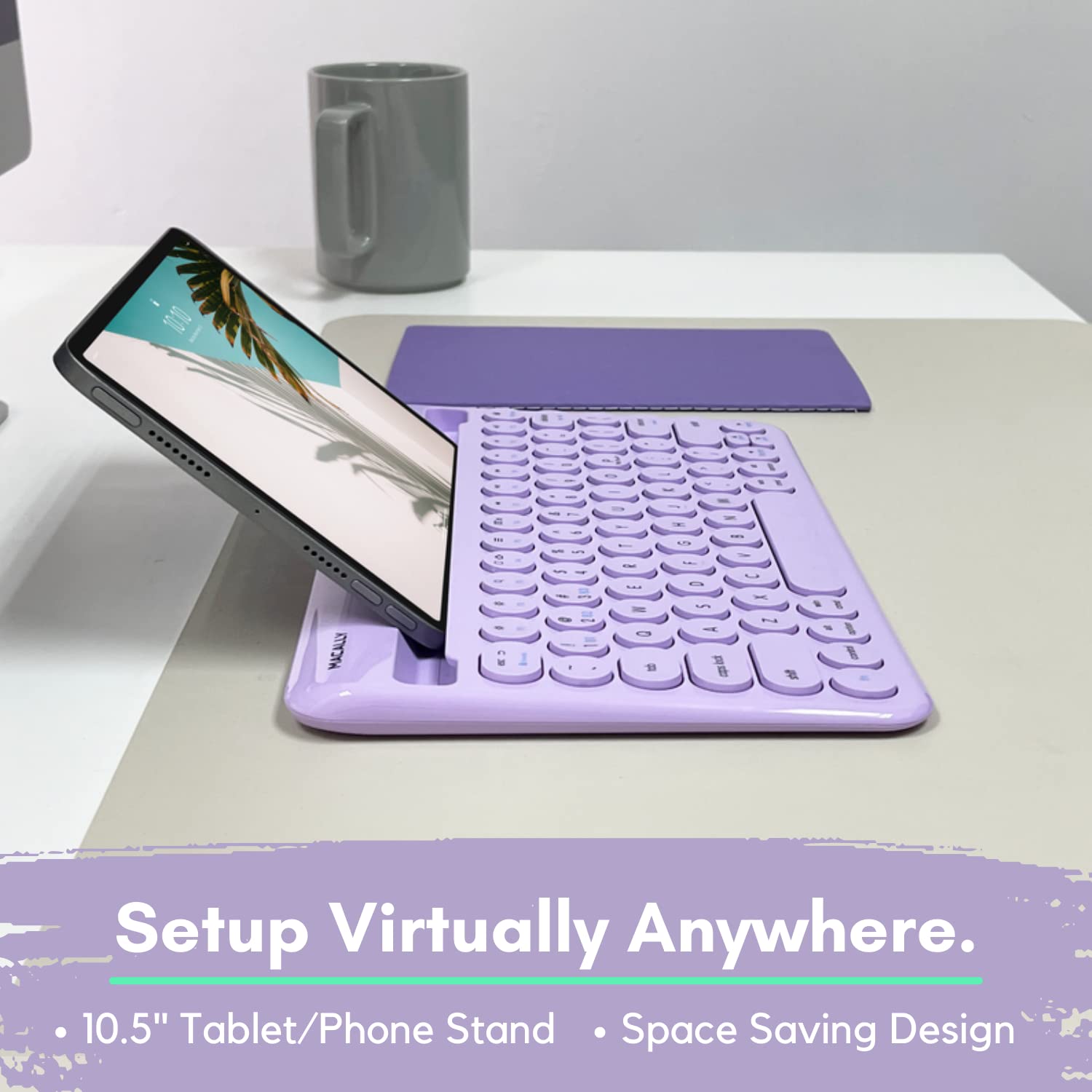 Macally Small Wireless Bluetooth Keyboard for iPad Mini/Air/Pro, iPhone, Tablet - 78-Key Compact Keyboard with Built-in Stand | Universal Multi-Device Compatibility | Purple | Perfect for Home Office, Travel & On-the-Go Typing