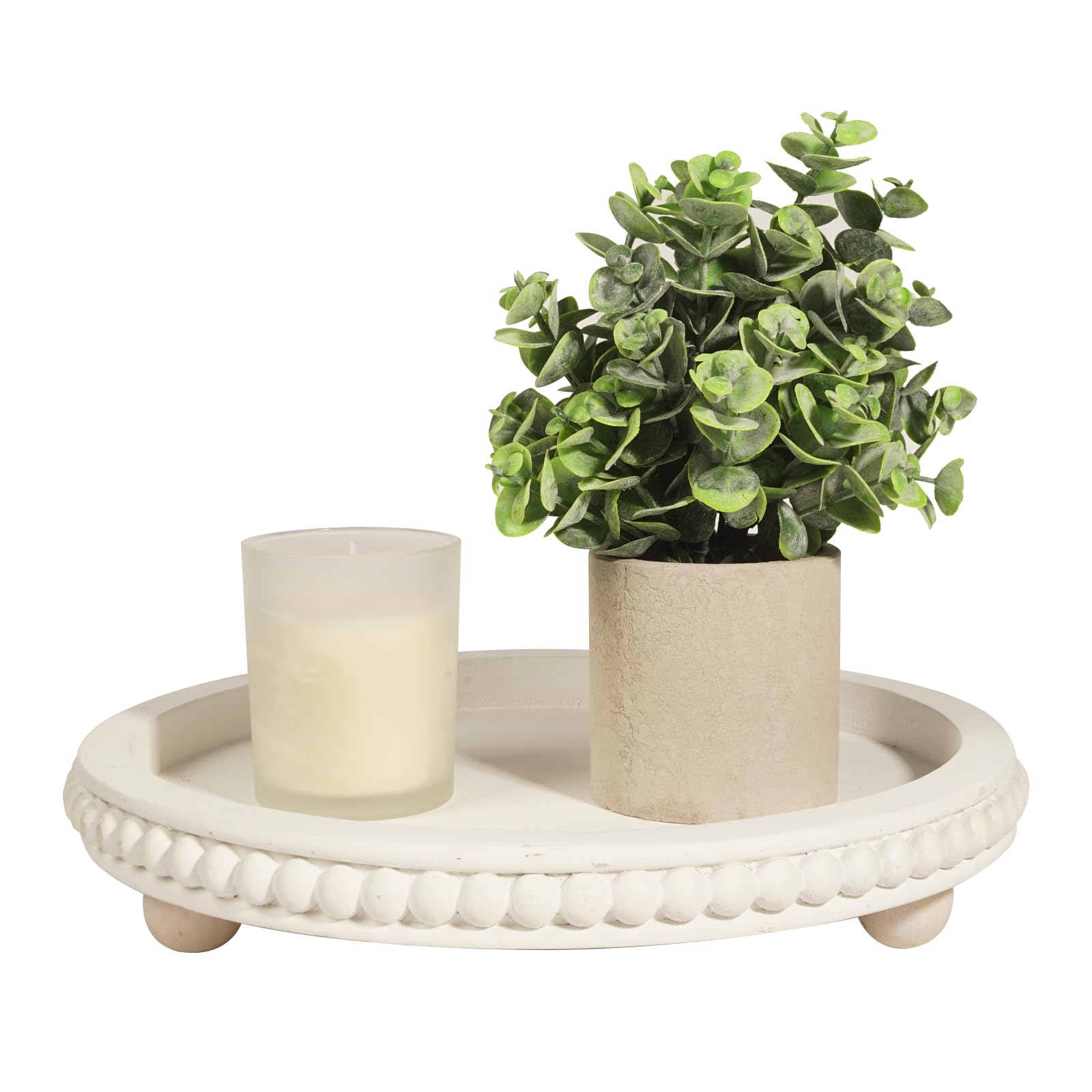 12 Inch White Wooden Decorative Tray - Modern Farmhouse Coffee Table Centerpiece, Rustic Round Serving Tray for Living Room, Dining Table, or Entryway Decor | Perfect for Displaying Candles, Books, and Home Accessories