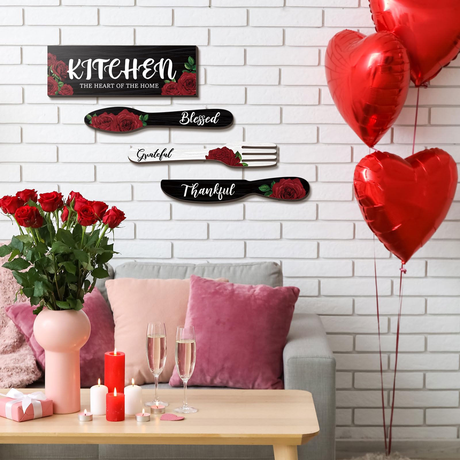 4 Pcs Red Rose Kitchen Wall Decor Set - Rustic Farmhouse Wooden Fork & Spoon for Wedding & Home Decor