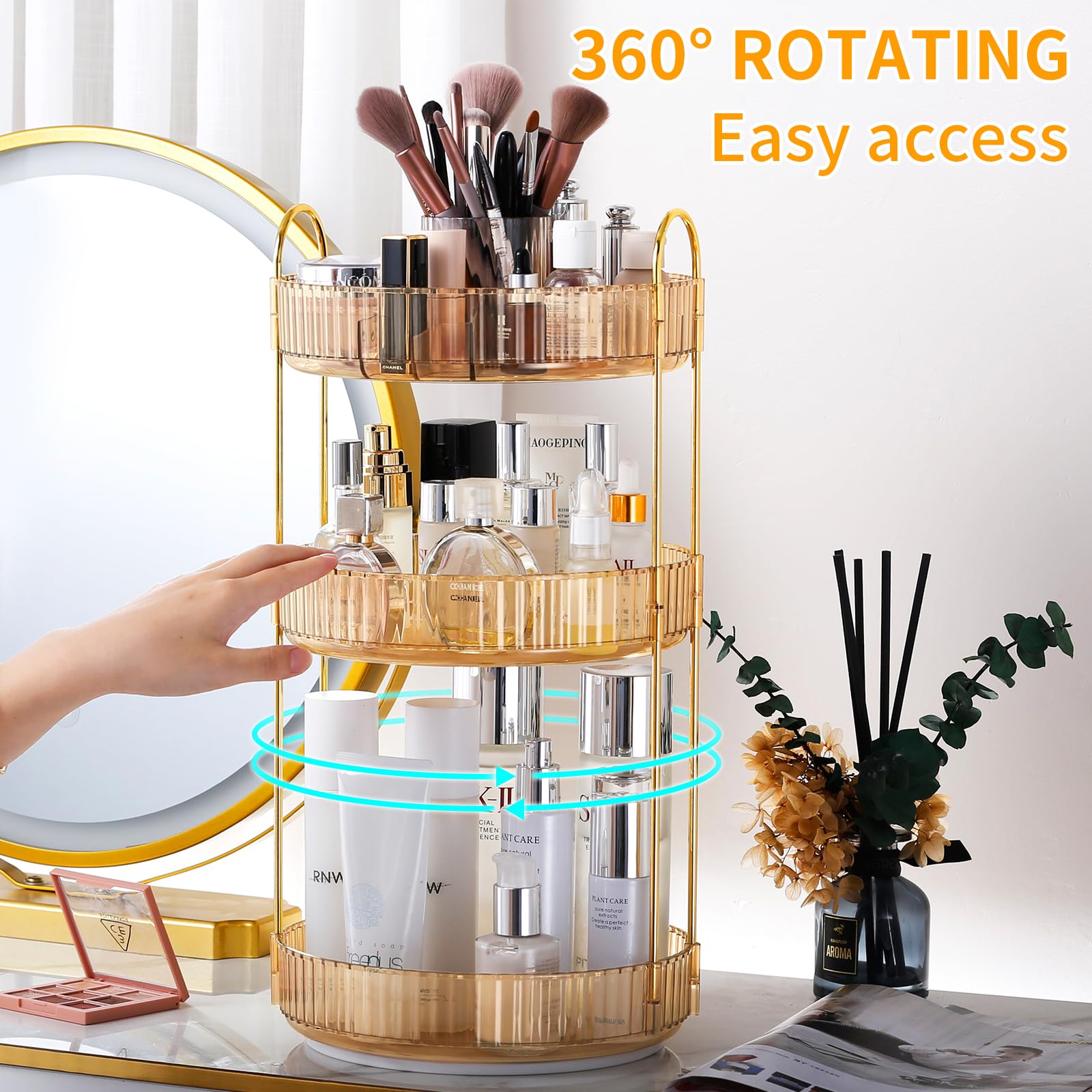 360° Rotating Makeup Organizer with Brush Holder - 3-Tier Large Capacity Cosmetic Storage for Skincare, Perfume & Beauty Products | Perfect for Bedroom Vanity, Bathroom Counter & Dresser Organization (White)