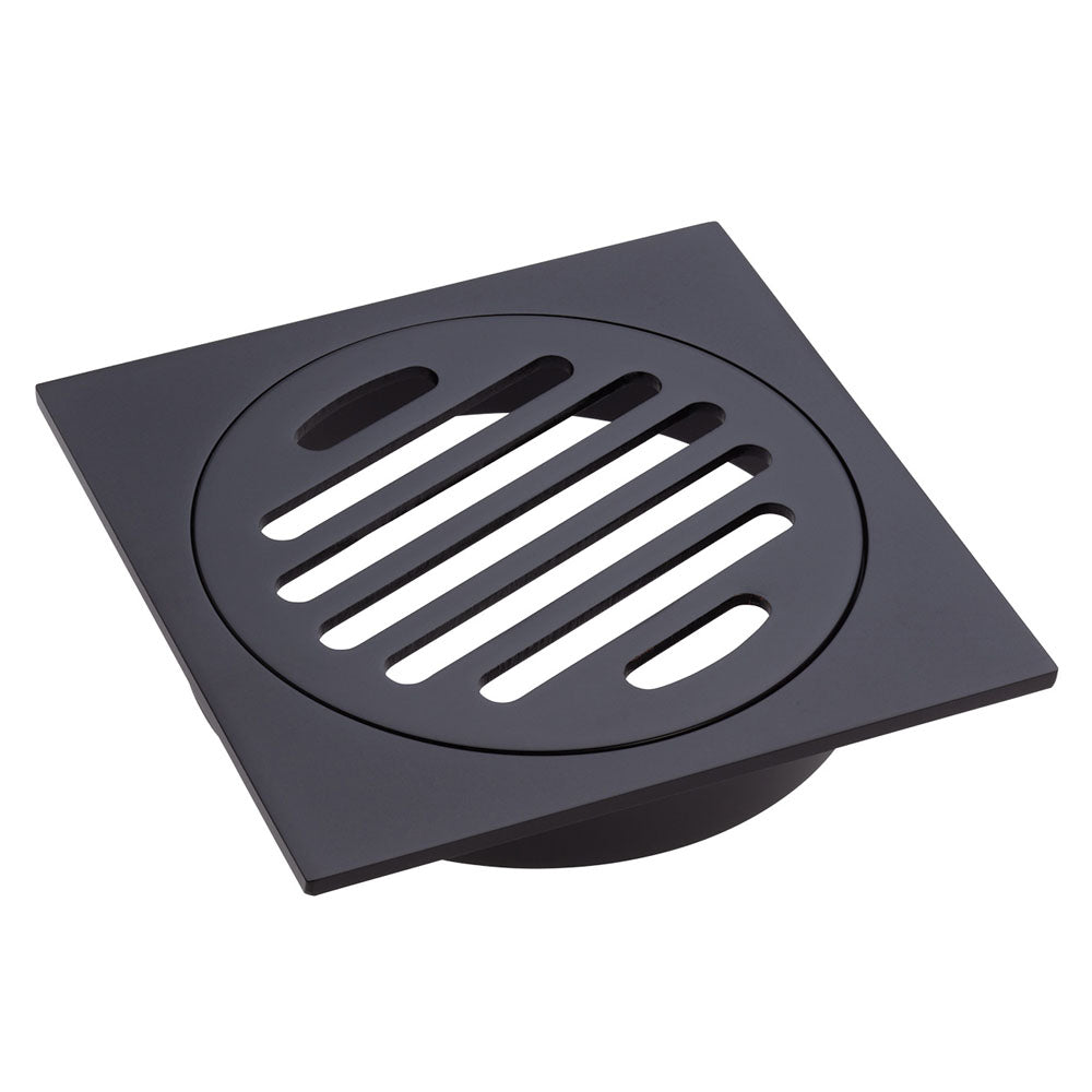 Fienza FW100SCB 100mm Square Floor Waste Drain with Round Grate - Matte Black Bathroom Shower Drain for Modern Homes