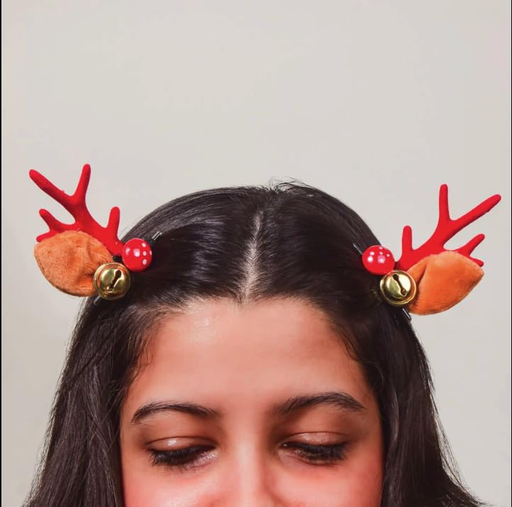 Christmas Hair Clips Set - 4 Pairs of Festive Reindeer Horn Barrettes for Women & Girls | Holiday Party Hair Accessories for Xmas, New Year & Winter Celebrations
