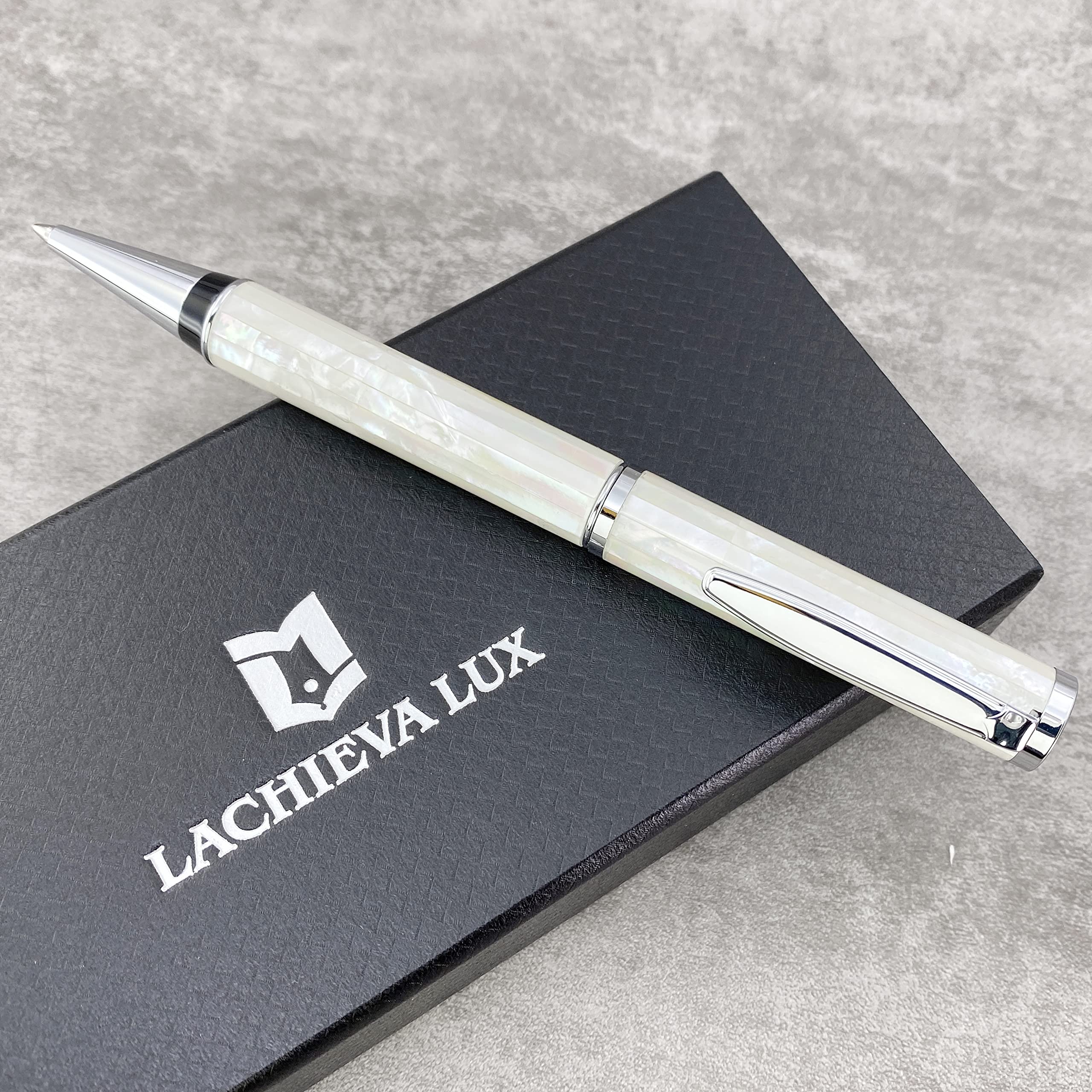 LACHIEVA LUX Handcrafted Mother of Pearl Ballpoint Pen with German P900M Refill - Luxury White Shell Executive Writing Pen for Men & Women in Premium Gift Box - Perfect for Office, Business Gifts & Special Occasions