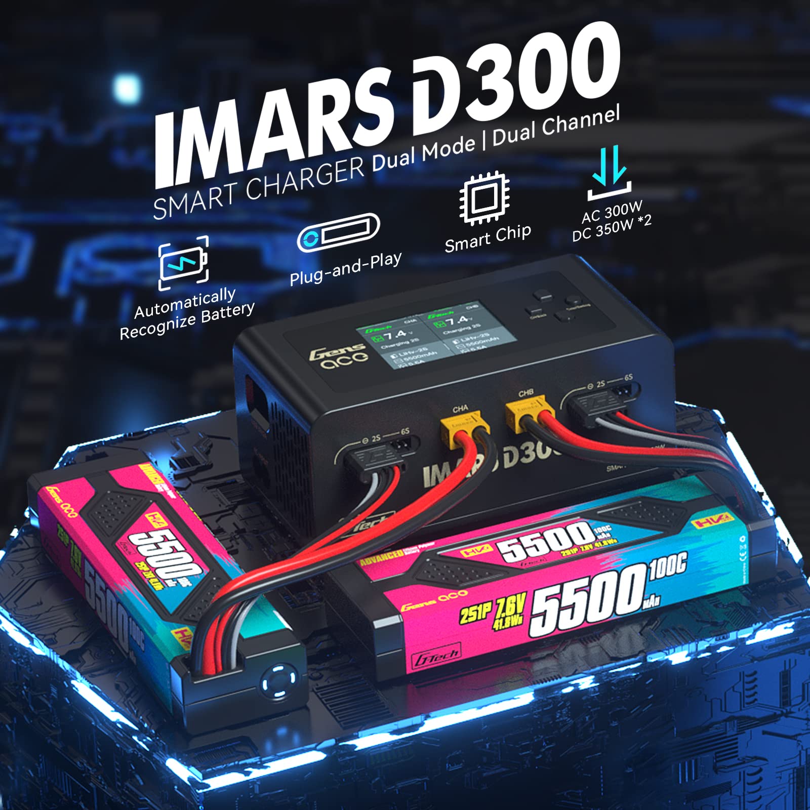 Gens Ace IMARS D300 G-Tech Series Smart Dual Lipo Battery Charger - 16A AC 300W DC 700W Fast Charging for RC Cars, Drones & Airsoft - Black - Perfect for Hobbyists & Professional RC Enthusiasts