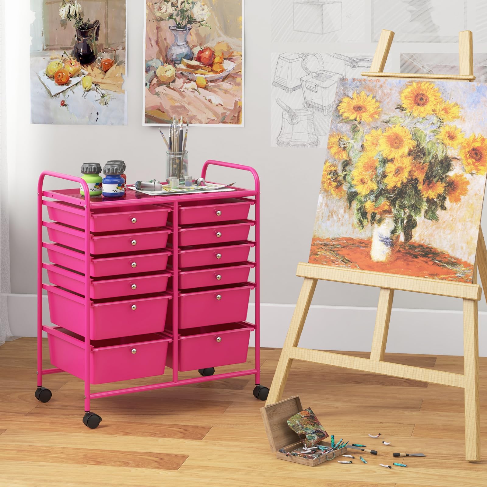 RELAX4LIFE 12-Drawer Rolling Craft Storage Cart with Wheels - Mobile Organizer for Art Supplies, Office, School & Beauty Salon - Pink Utility Cart for Easy Access & Space Saving Organization
