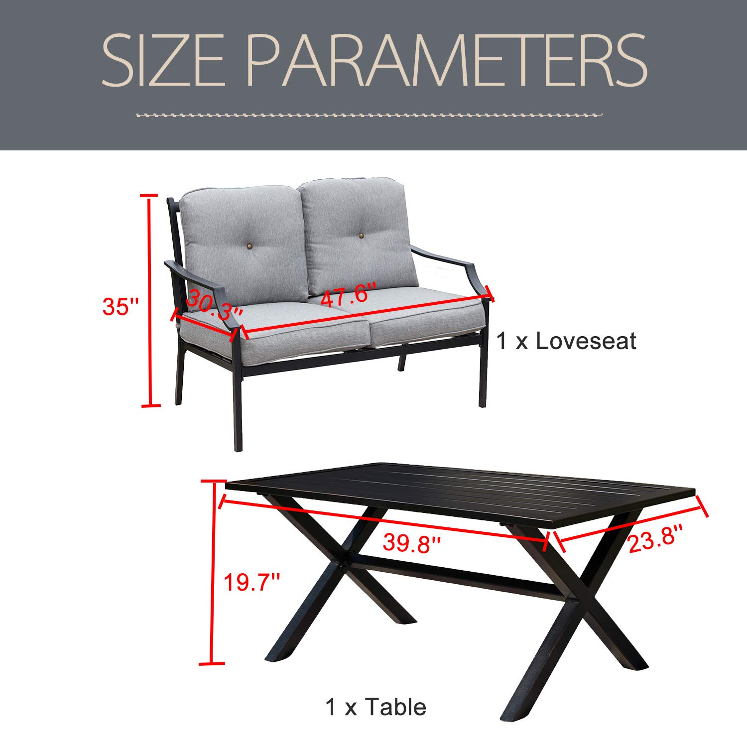 LOKATSE HOME Outdoor Loveseat and Coffee Table Set - 3-Piece Metal Patio Furniture with Cushions for Backyard, Poolside, Garden - Weather-Resistant Grey Conversation Set (Perfect for Relaxing, Entertaining Guests, and Outdoor Dining)