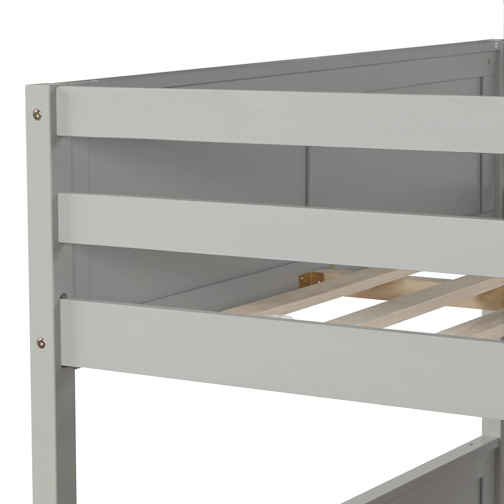 P PURLOVE Full Over Full Bunk Bed with Twin Trundle - Sturdy Wood Bunk Bed Frame with Ladder & Safety Rails - Space-Saving Bunk Beds for Teens & Kids - No Box Spring Required (Gray) - Perfect for Small Bedrooms, Guest Rooms & Vacation Homes