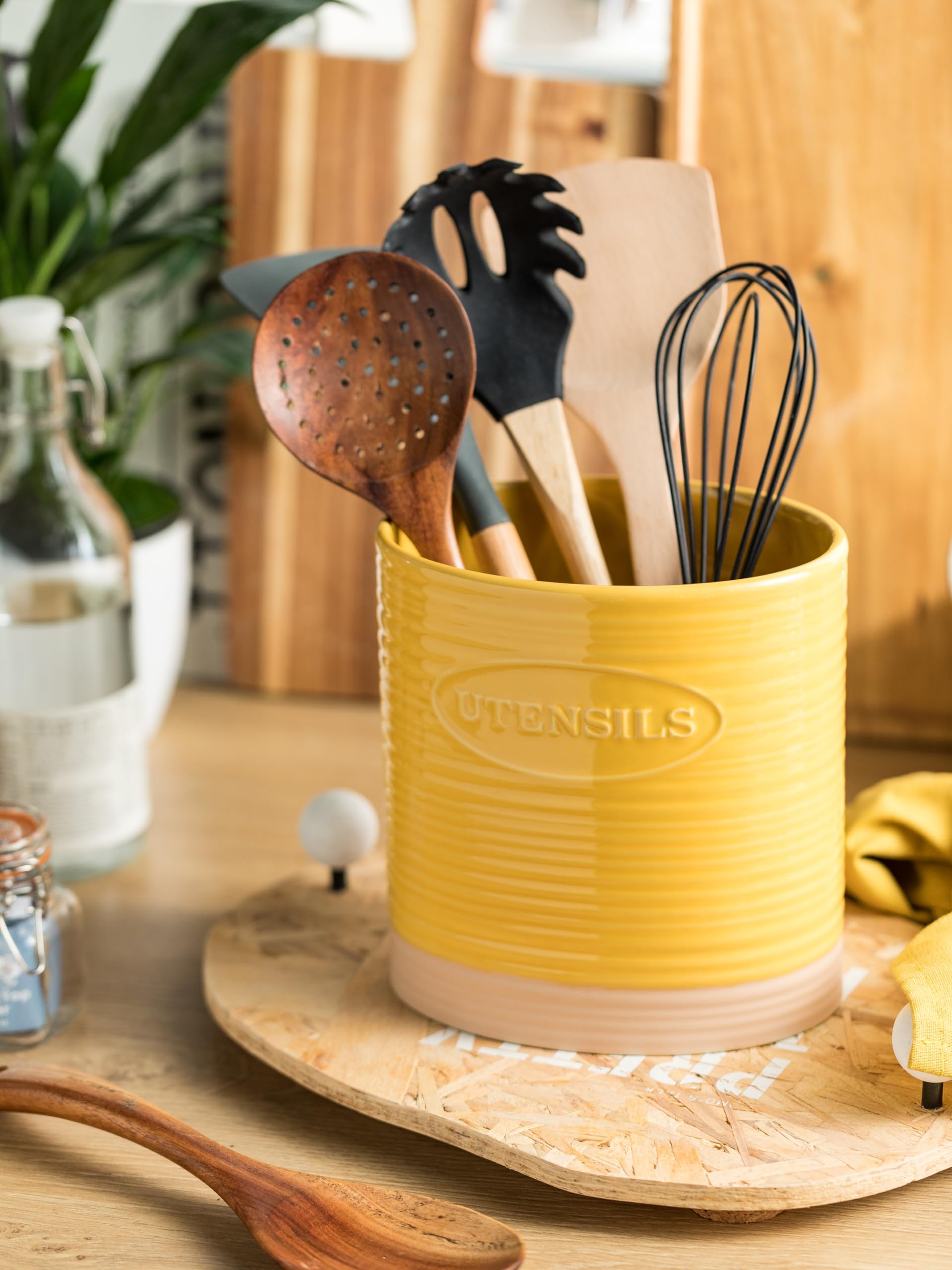 Premium Ceramic Kitchen Utensil Holder - Large Oval Countertop Organizer for Cooking Tools (Yellow) | Perfect for Storing Spoons, Spatulas & Utensils by Stove or Sink